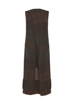 The COLLAGE STRETCH Ⅰ by HaaT is a sleeveless, dark brown vest with a wraparound design and intricate green and tan jacquard-inspired stitched patterns, displayed against a white background.