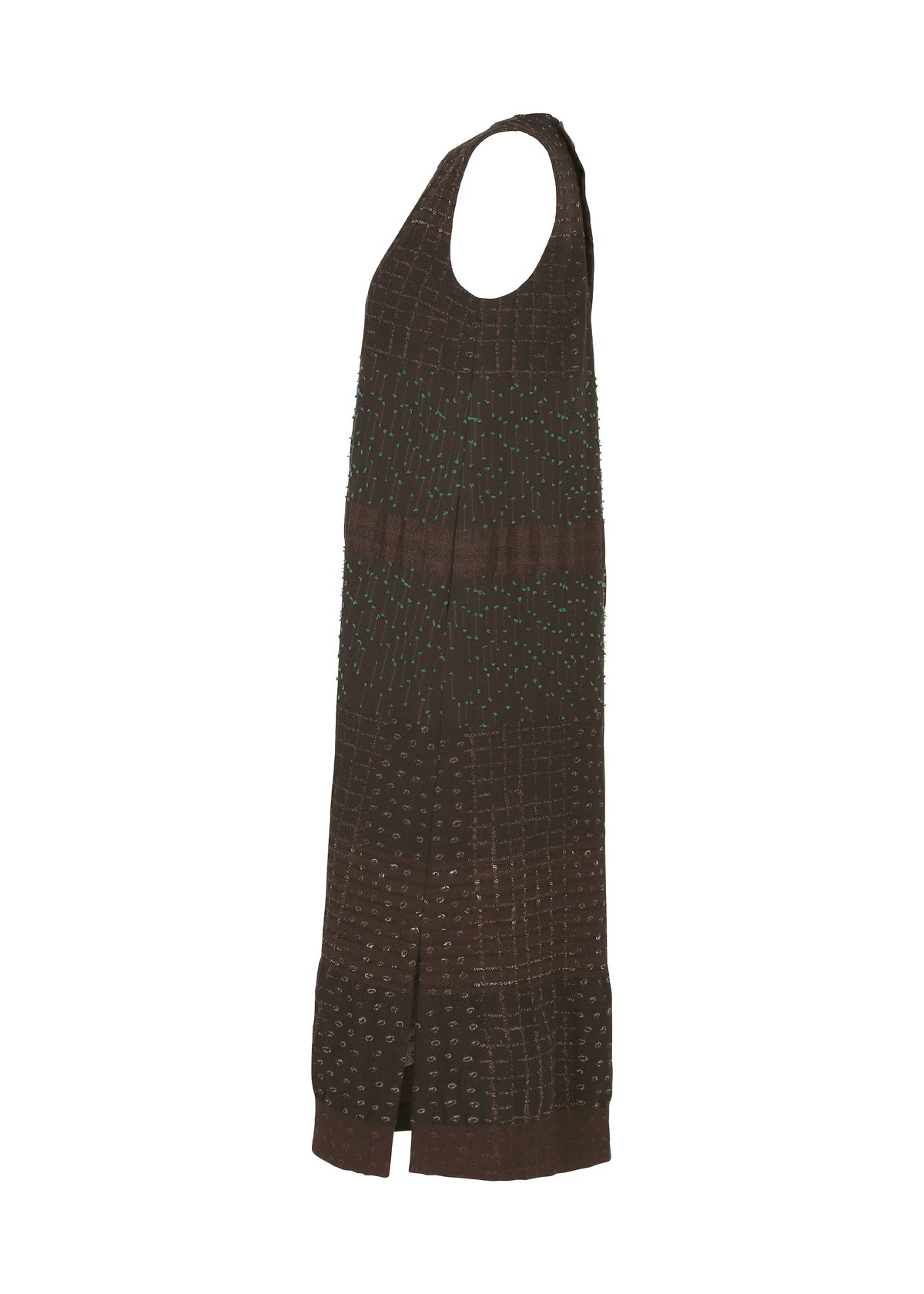 COLLAGE STRETCH Ⅰ by HaaT is a sleeveless, knee-length brown dress featuring a subtle check motif achieved with jacquard weaving and highlighted by light blue dots, displayed in a side view against a white background. view 4 of 8
