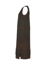 COLLAGE STRETCH Ⅰ by HaaT is a sleeveless, knee-length brown dress featuring a subtle check motif achieved with jacquard weaving and highlighted by light blue dots, displayed in a side view against a white background.