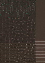The COLLAGE STRETCH Ⅰ by HaaT features a dark fabric adorned with sections of various stitched patterns—dots, dashes, vertical lines, and horizontal stripes in green and brown threads—creating a geometric and textured design reminiscent of jacquard weaving.