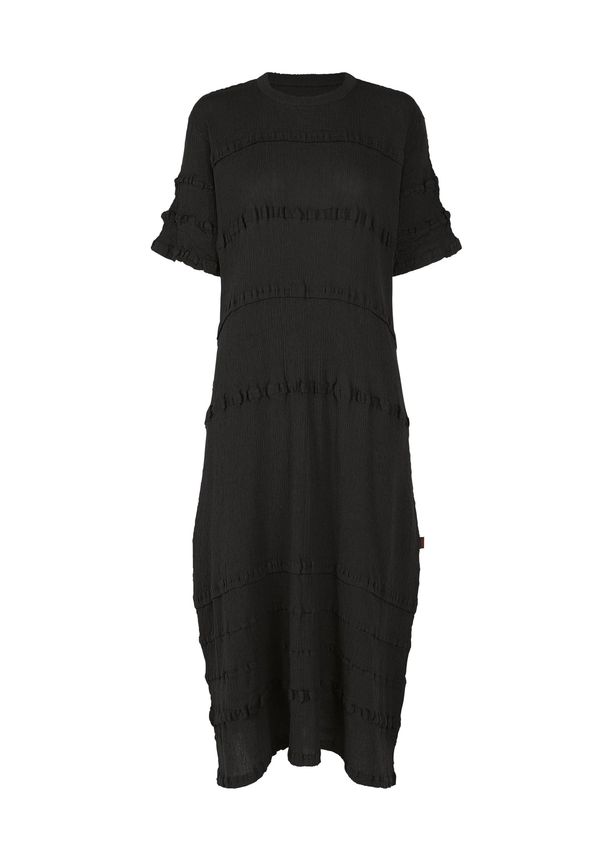 A loose-fitting, knee-length black KYO CHIJIMI TSUCHIKABE dress by HaaT, featuring short sleeves, a round neckline, textured horizontal seams, and subtle ruffle details in crepe-like cotton. view 1 of 8