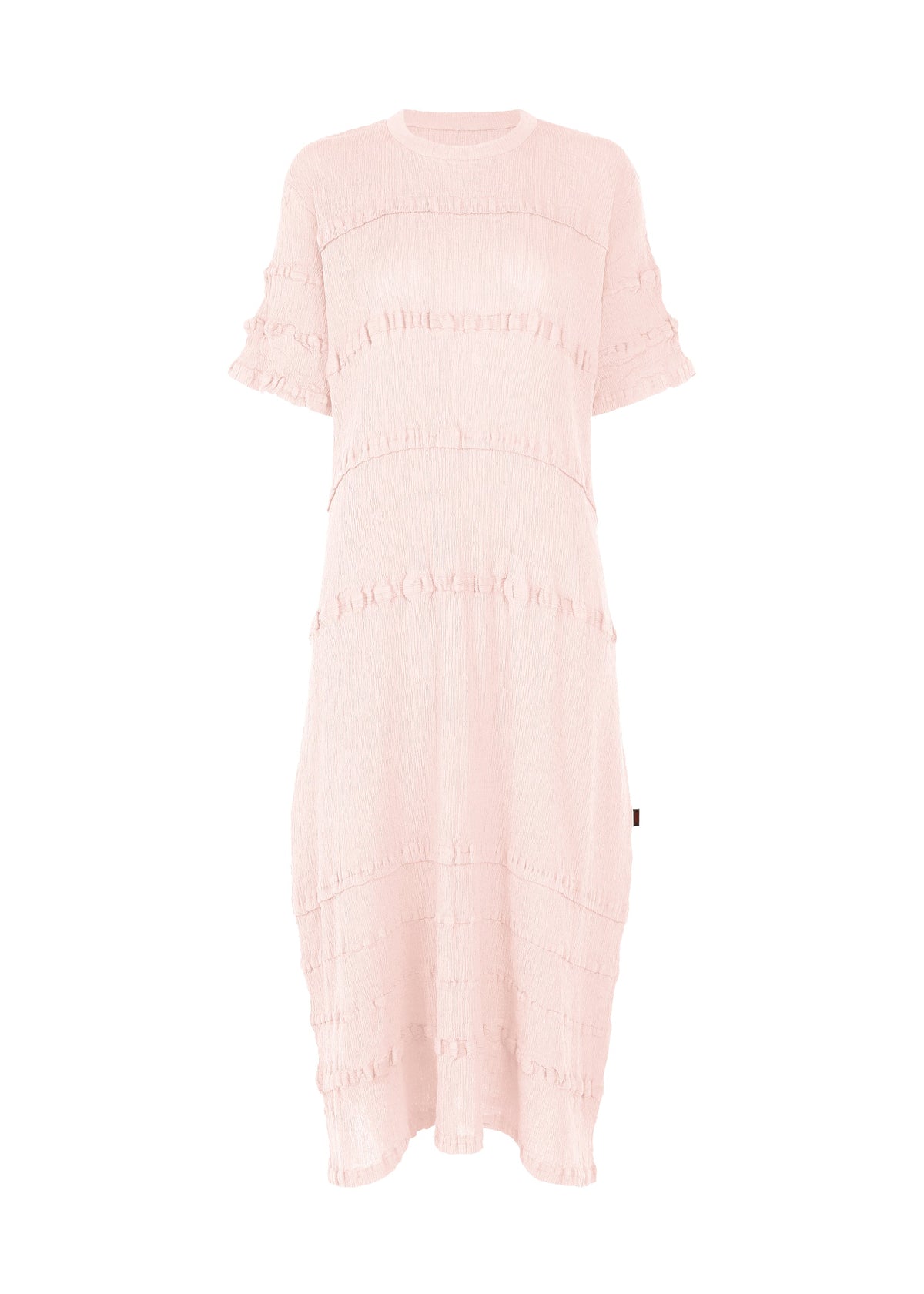The HaaT KYO CHIJIMI TSUCHIKABE dress is light pink, midi-length with short sleeves, a round neckline, subtle textured stripes, ruffle details, and a relaxed crepe-like cotton silhouette. view 2 of 8