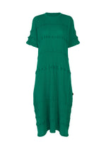 The HaaT KYO CHIJIMI TSUCHIKABE dress is green, knee-length, with short sleeves, a round neckline, and textured horizontal bands inspired by tsuchikabe. Shown against a plain white background. - GREEN （no.62）
