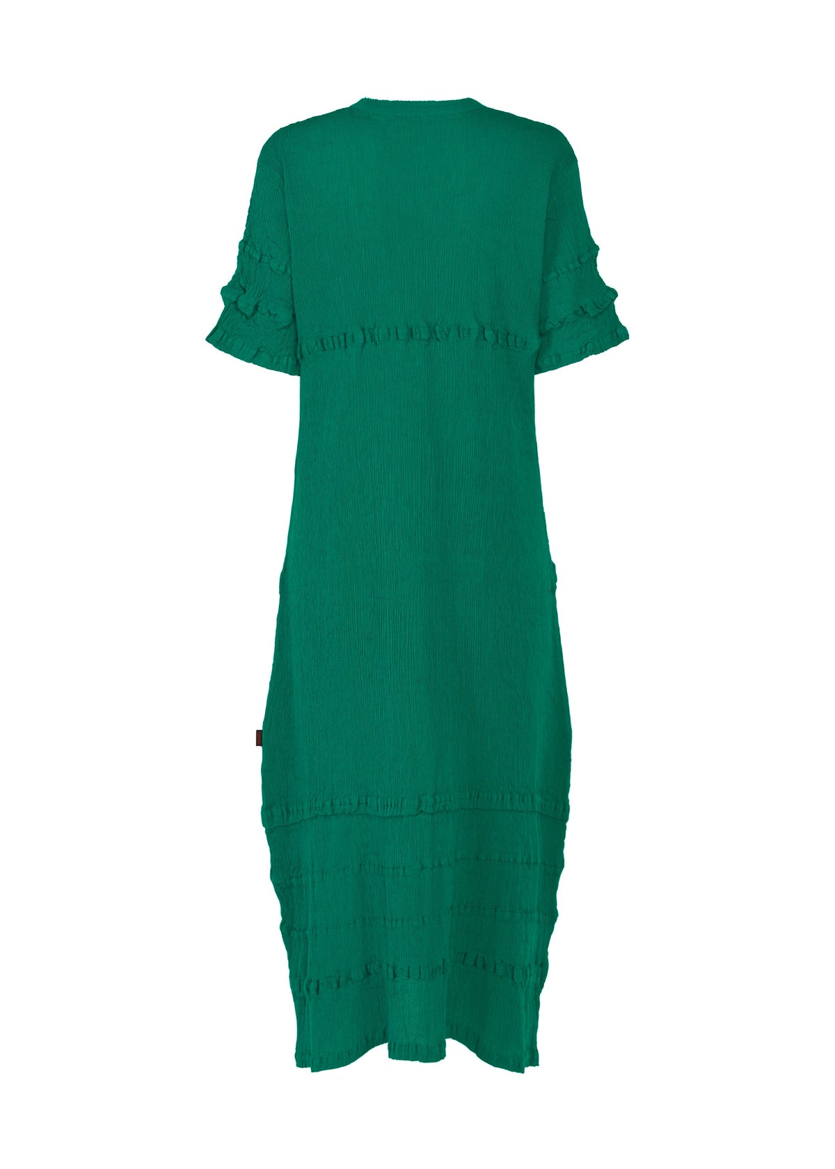 A knee-length, short-sleeved green HaaT KYO CHIJIMI TSUCHIKABE dress with ruffled sleeve details and horizontal textured bands, shown from the back against a white background. view 4 of 8