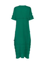 A knee-length, short-sleeved green HaaT KYO CHIJIMI TSUCHIKABE dress with ruffled sleeve details and horizontal textured bands, shown from the back against a white background.