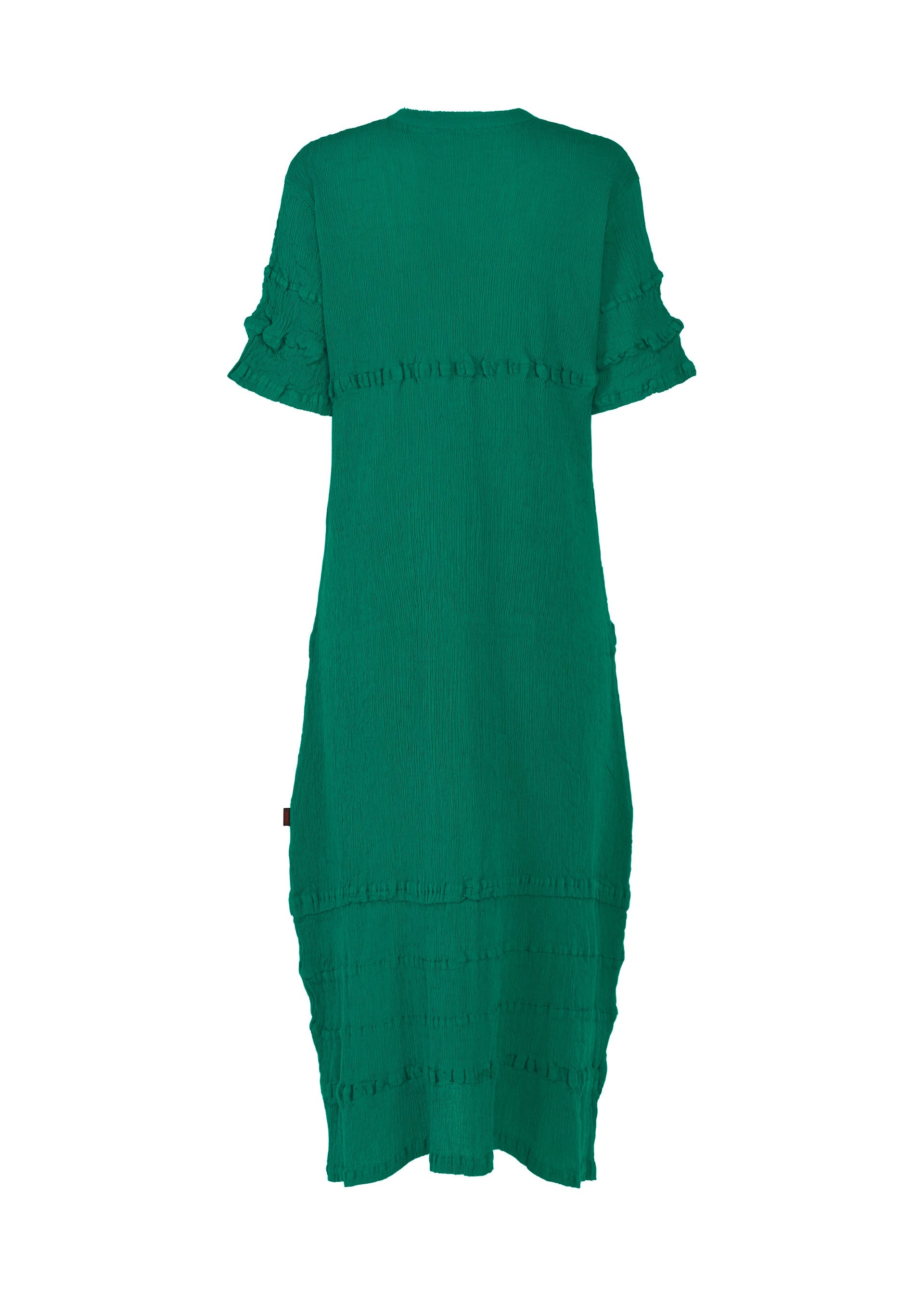 Zoomed view A knee-length, short-sleeved green HaaT KYO CHIJIMI TSUCHIKABE dress with ruffled sleeve details and horizontal textured bands, shown from the back against a white background.