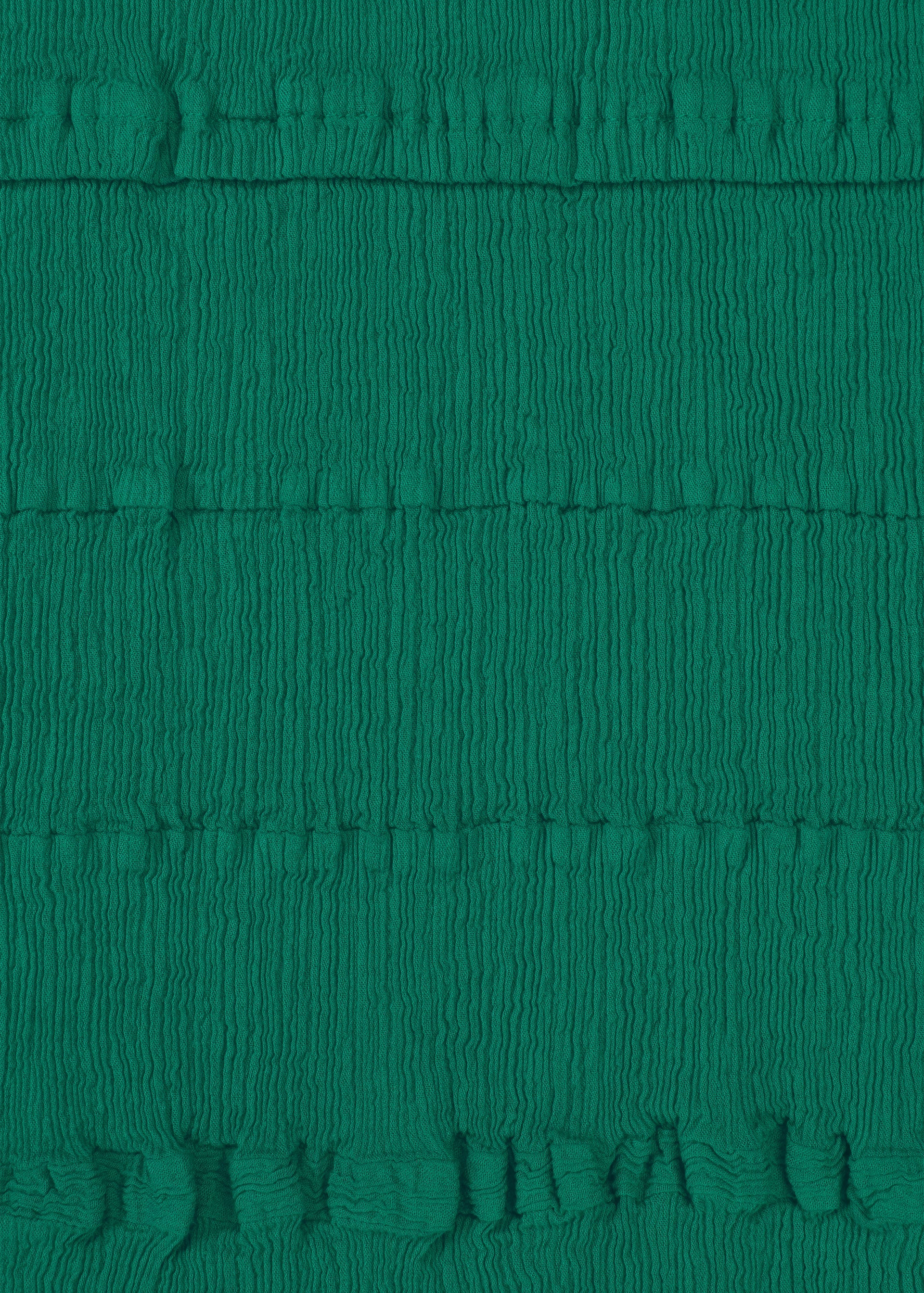 Zoomed view A close-up of teal, textured fabric by HaaT, featuring horizontal ruching and gathers. The KYO CHIJIMI TSUCHIKABE design creates a wrinkled, pleated surface reminiscent of signature KYO CHIJIMI style.