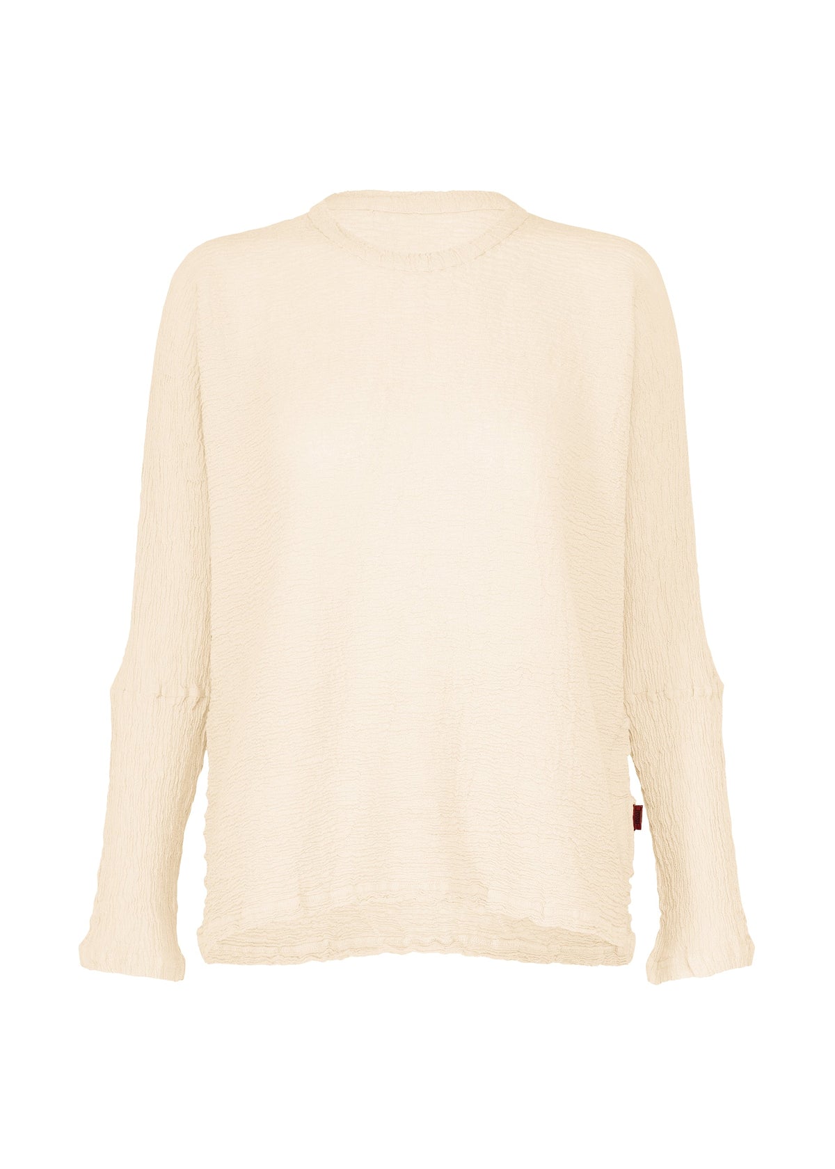 A light beige, round-neck long-sleeved top with a relaxed fit, textured fabric, and subtle wrinkle detailing. The HaaT KYO CHIJIMI 2WAY features a simple, minimalist design enhanced by its unique product dyeing process. view 1 of 8