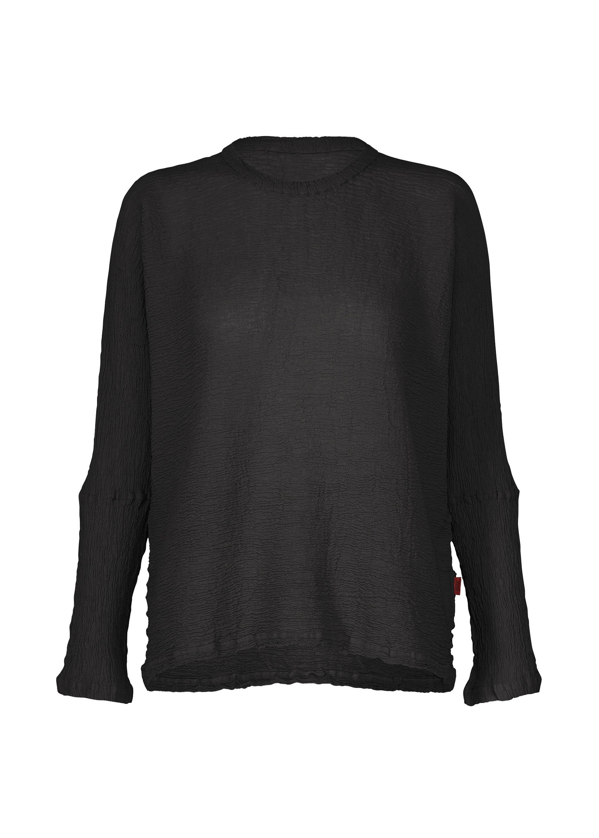 Zoomed view A long-sleeved, loose-fitting black KYO CHIJIMI 2WAY top by HaaT, featuring a textured, crinkled fabric and a round neckline, meticulously crafted using a product dyeing process and displayed against a white background. - BROWNISH BLACK （no.16）