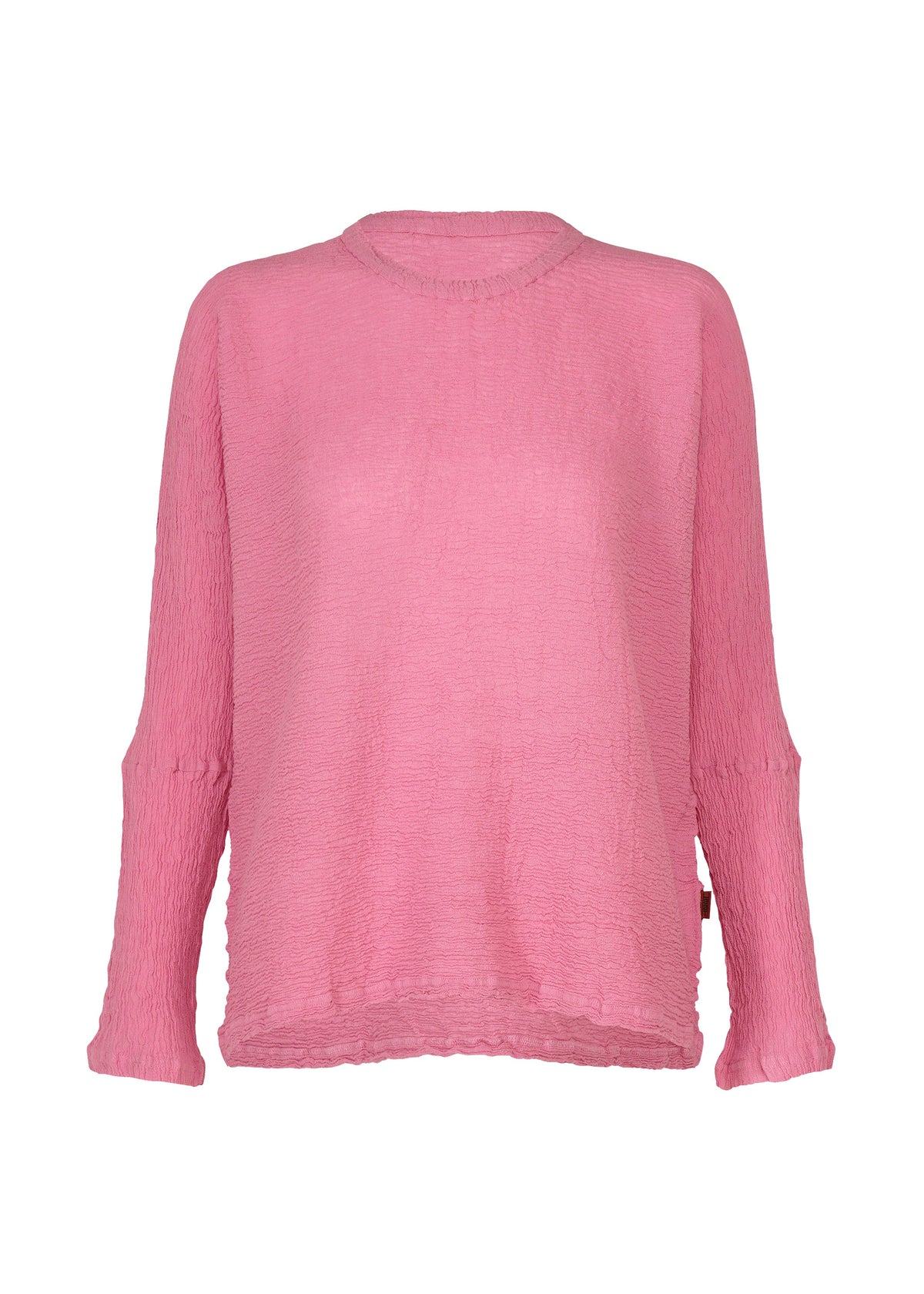 A long-sleeved, textured pink KYO CHIJIMI 2WAY top from HaaT, featuring a round neckline and crafted with a unique product dyeing process—displayed against a plain white background. view 3 of 8