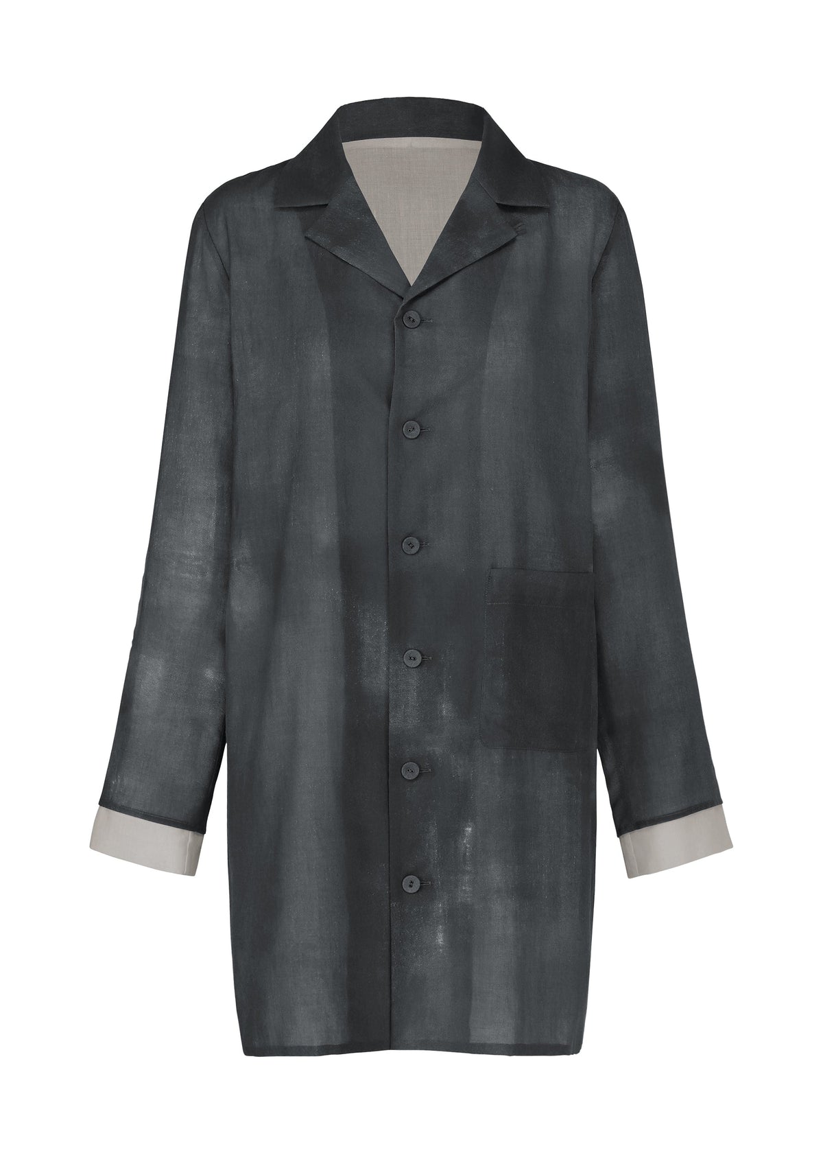 The WALL WHITE HEM by HaaT is a long-sleeve, collared chiffon shirt with a black and gray Kyoto-inspired washed effect, single front pocket, and light gray contrasting inner cuffs. view 1 of 8