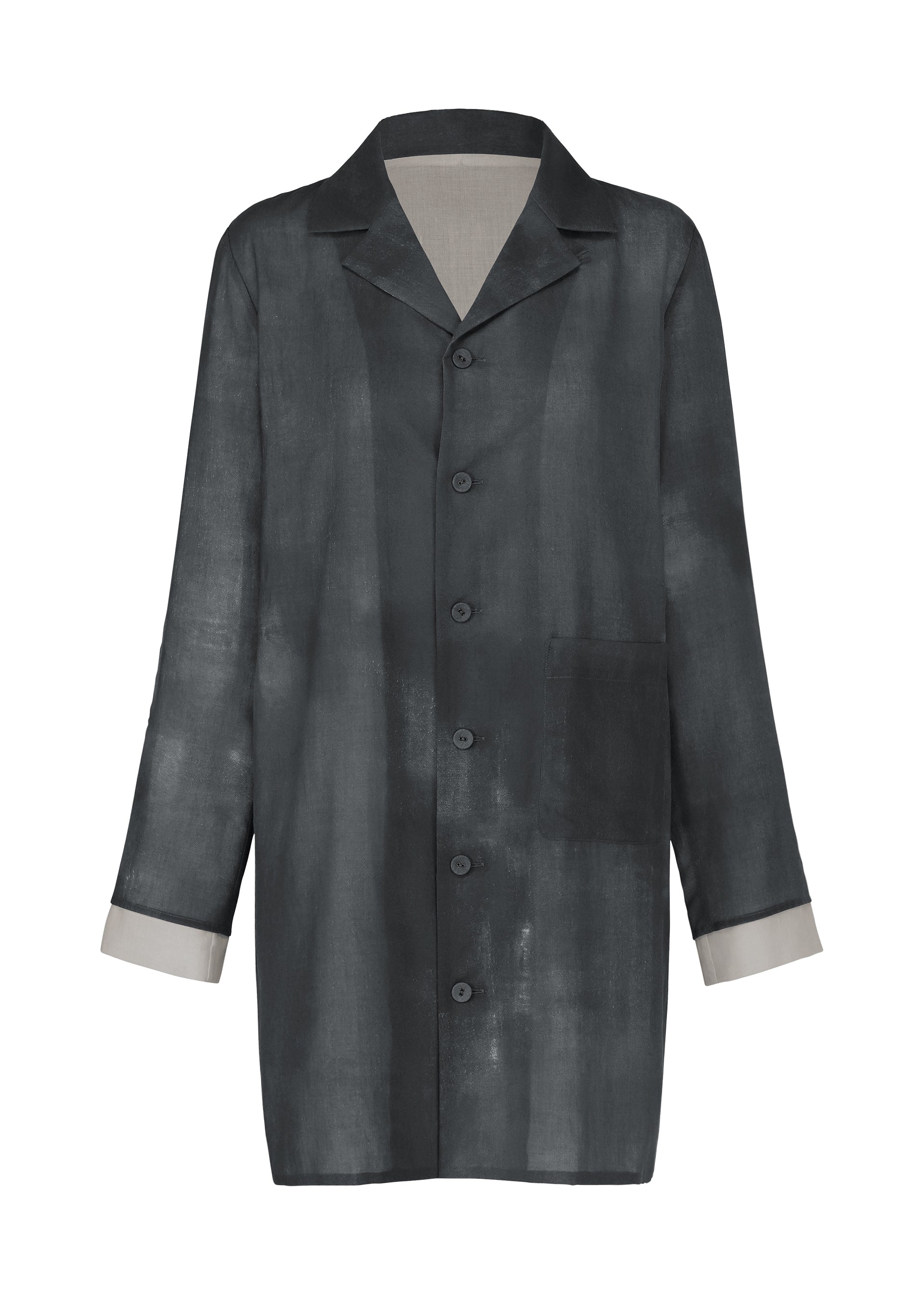 Zoomed view The WALL WHITE HEM by HaaT is a long-sleeve, collared chiffon shirt with a black and gray Kyoto-inspired washed effect, single front pocket, and light gray contrasting inner cuffs. - GRAY （no.12）