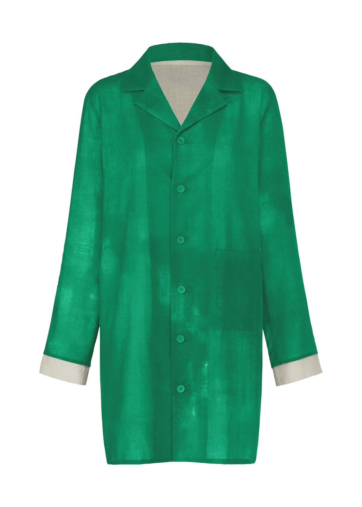 The WALL WHITE HEM by HaaT is a long-sleeved, button-up green shirt with a collar, single chest pocket, white cuffs, and a subtle Nassen print on a white background. view 2 of 8
