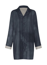 The WALL WHITE HEM by HaaT is a long-sleeved, button-up chiffon shirt jacket in sheer dark navy Nassen print with a chest pocket and light beige inner cuffs, shown on a white background. - NAVY （no.75）
