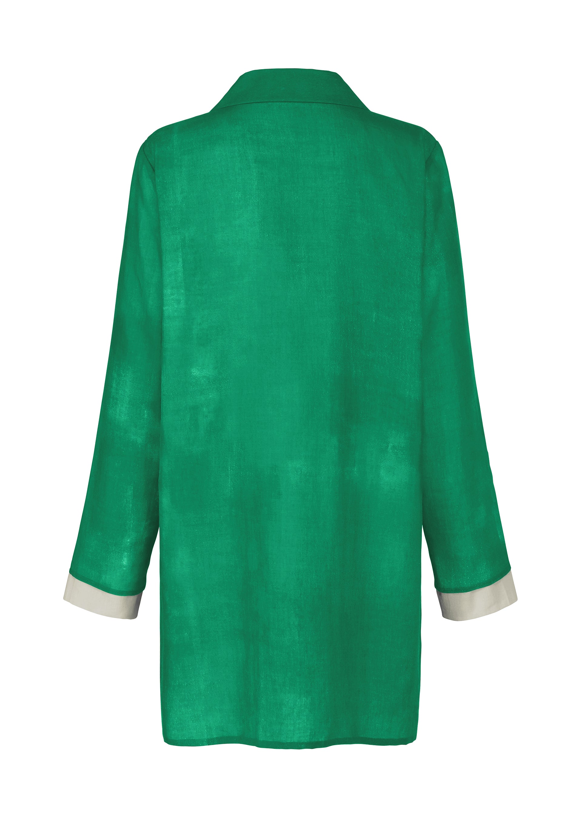 Zoomed view The HaaT WALL WHITE HEM is a long green chiffon shirt with a collar, shown from the back. It features cuffed sleeves revealing a white inner lining at the cuffs and subtle Nassen print detailing.