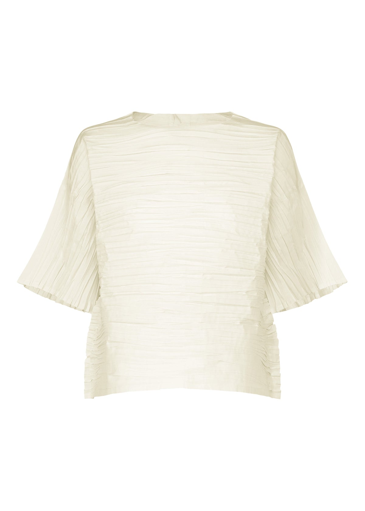 The SHIBARI SHIRT by HaaT is a cream-colored, short-sleeved top featuring a loose fit and pleated texture, made from recycled polyester and shown against a plain white background. view 1 of 10
