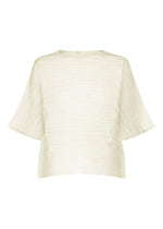 The SHIBARI SHIRT by HaaT is a cream-colored, short-sleeved top featuring a loose fit and pleated texture, made from recycled polyester and shown against a plain white background. - WHITE （no.01）