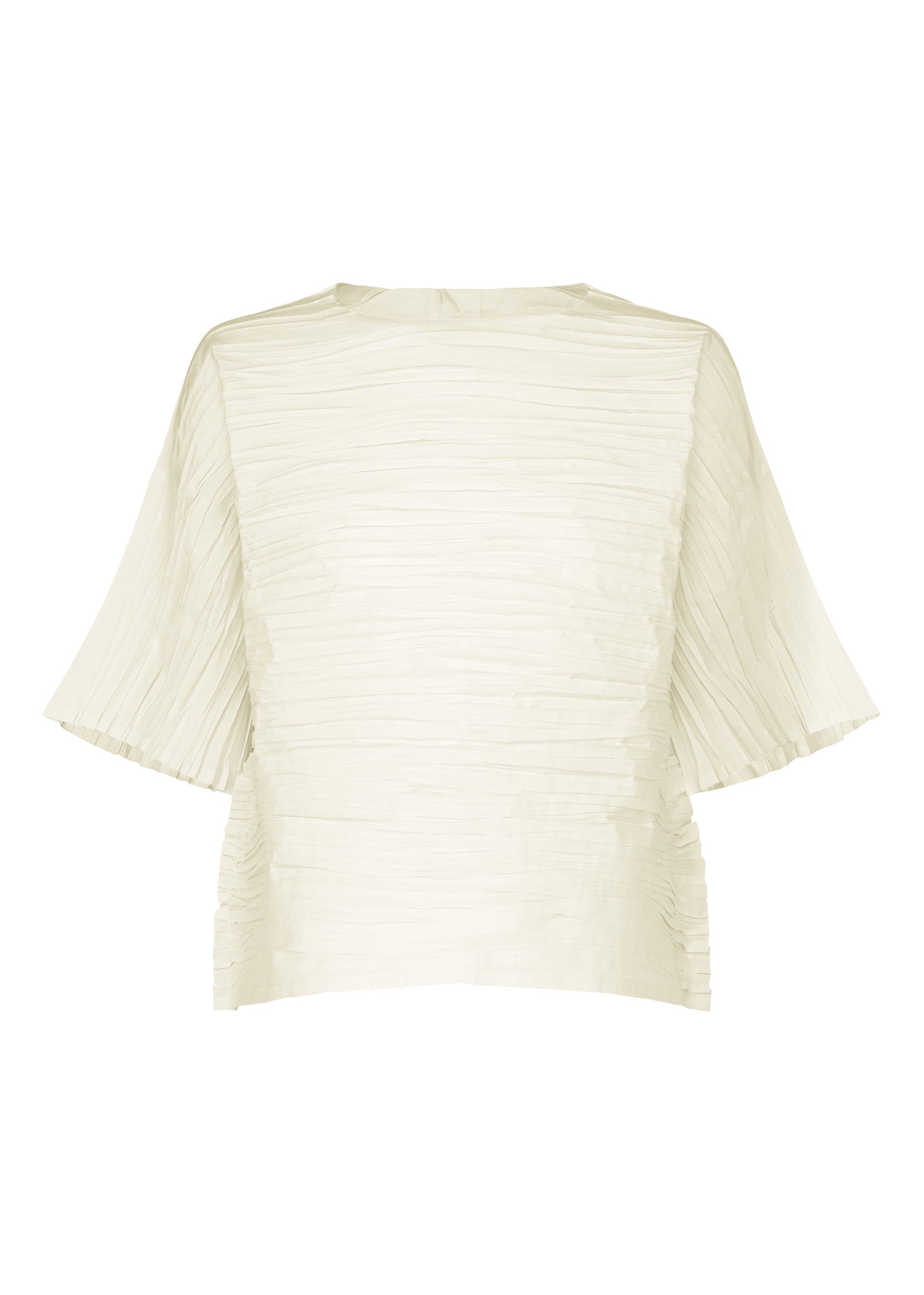 Zoomed view The SHIBARI SHIRT by HaaT is a cream-colored, short-sleeved top featuring a loose fit and pleated texture, made from recycled polyester and shown against a plain white background. - WHITE （no.01）