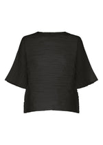 The HaaT SHIBARI SHIRT is a loose-fitting, short-sleeved top made from recycled polyester in classic black, featuring subtle horizontal pleats and a round neckline with a soft Shibari finish, shown against a plain white background. - BLACK （no.15）