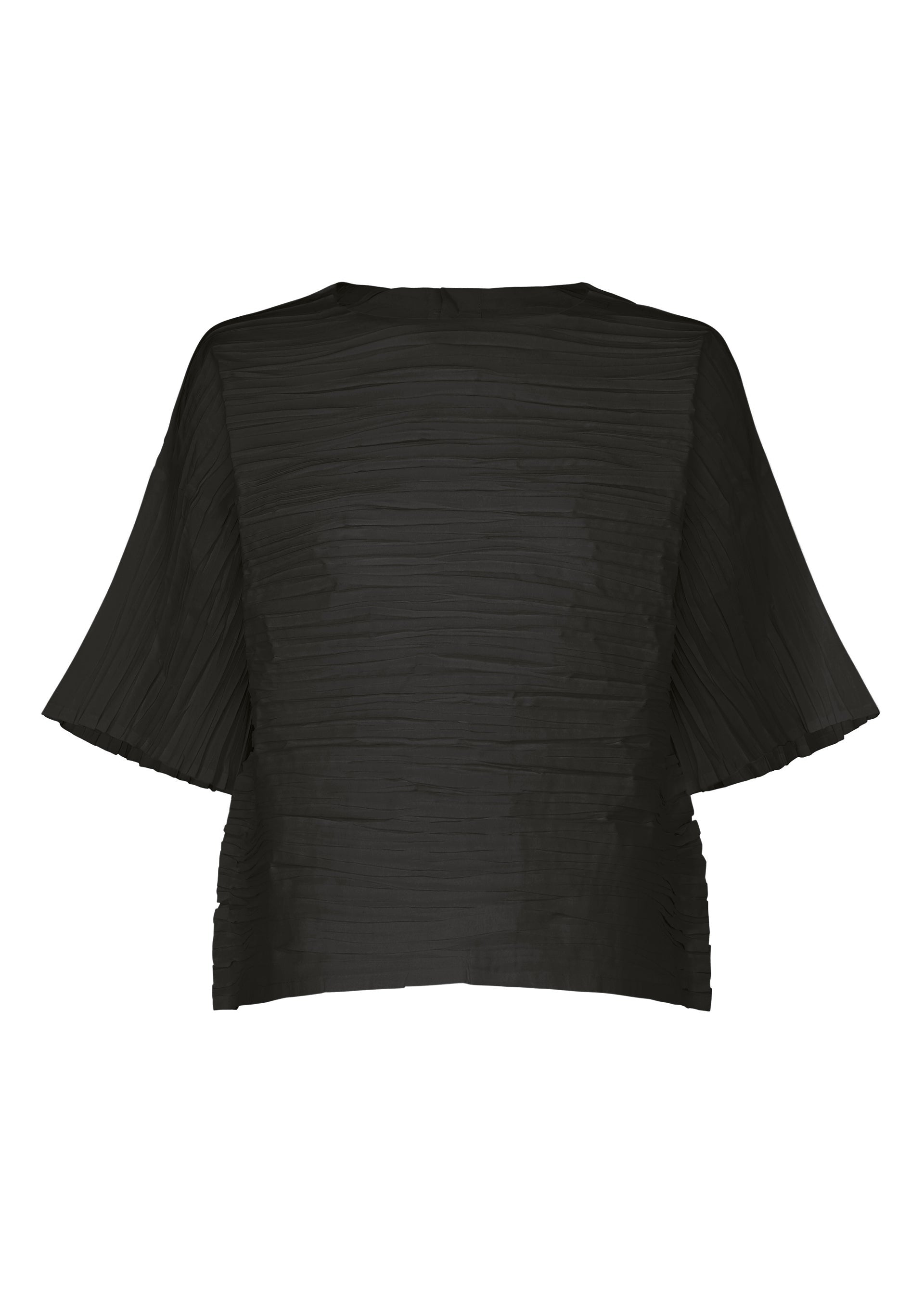 Zoomed view The HaaT SHIBARI SHIRT is a loose-fitting, short-sleeved top made from recycled polyester in classic black, featuring subtle horizontal pleats and a round neckline with a soft Shibari finish, shown against a plain white background. - BLACK （no.15）