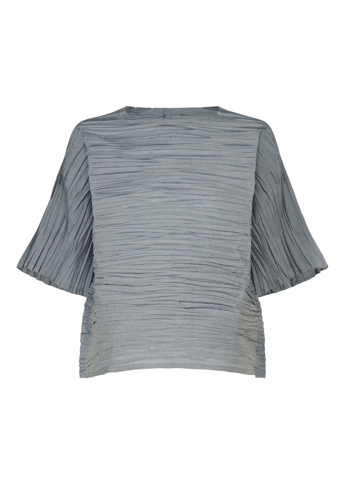 The SHIBARI SHIRT by HaaT is a light blue, short-sleeved top featuring a pleated texture and loose fit, crafted from recycled polyester and displayed against a white background. view 3 of 10