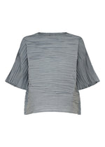 The SHIBARI SHIRT by HaaT is a light blue, short-sleeved top featuring a pleated texture and loose fit, crafted from recycled polyester and displayed against a white background. - LIGHT BLUE （no.70）