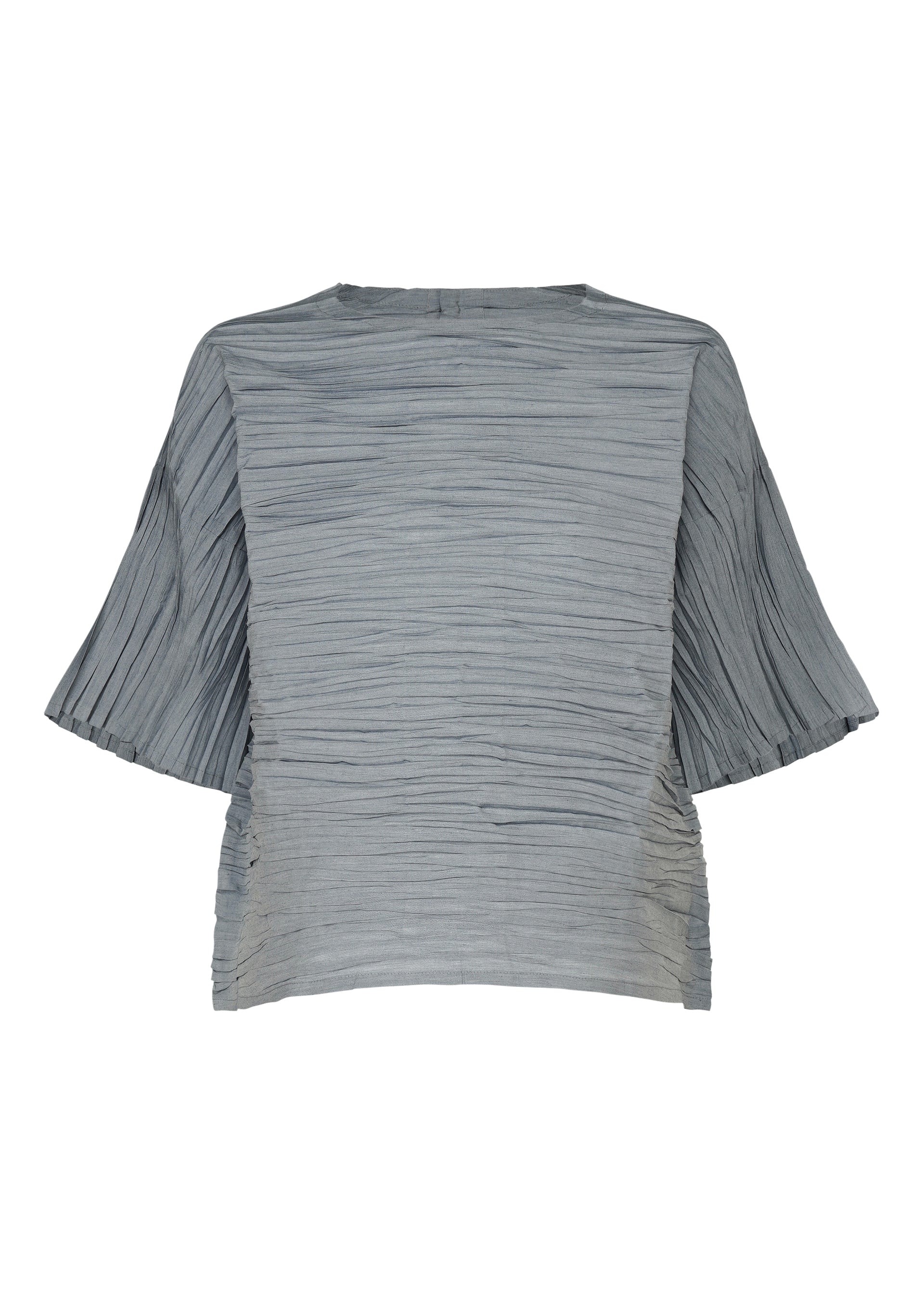 Zoomed view The SHIBARI SHIRT by HaaT is a light blue, short-sleeved top featuring a pleated texture and loose fit, crafted from recycled polyester and displayed against a white background. - LIGHT BLUE （no.70）