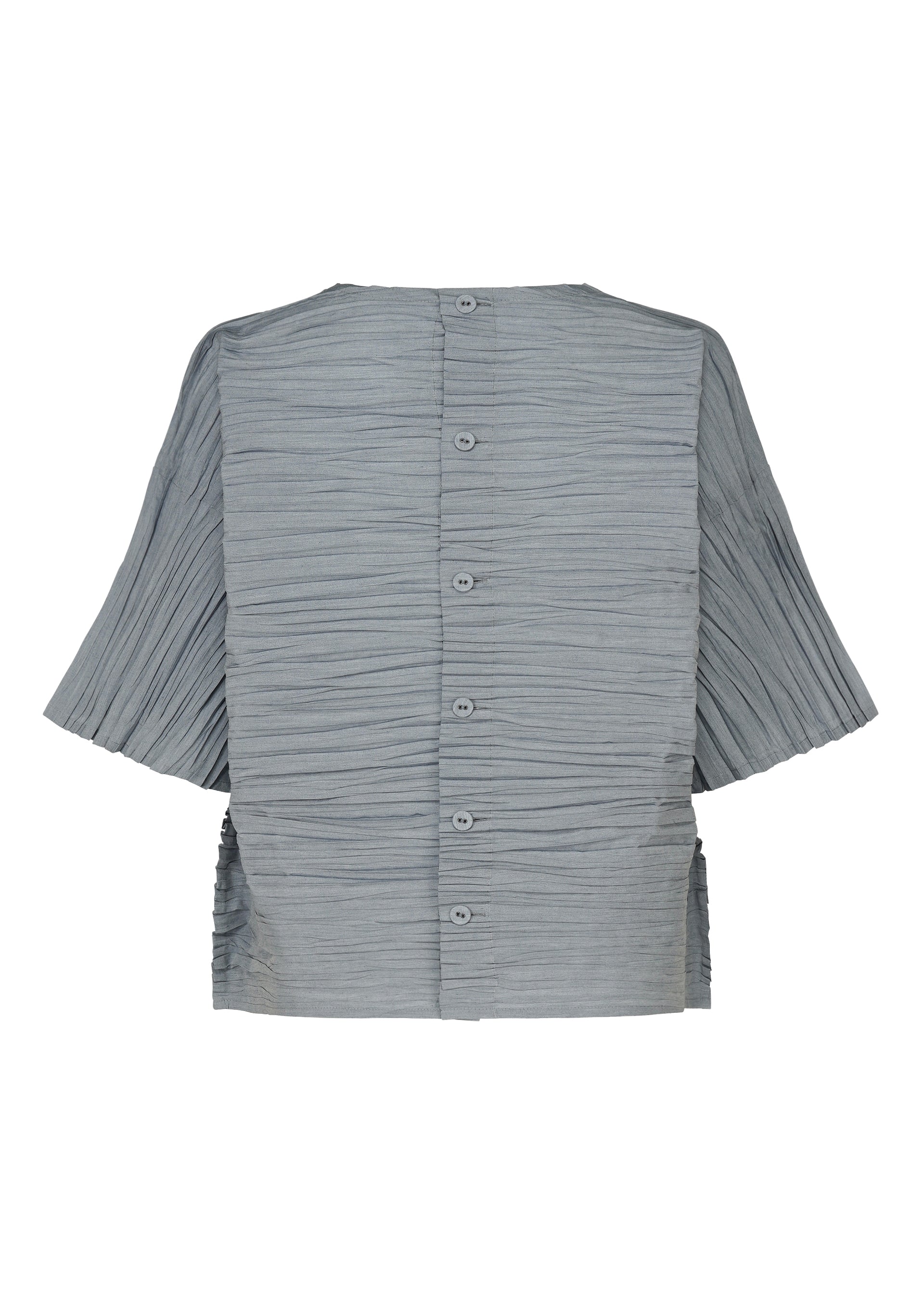 Zoomed view Introducing the SHIBARI SHIRT by HaaT: a light gray top with loose, wide short sleeves and elegant pleating, crafted from recycled polyester and designed with distinctive buttons down the back.