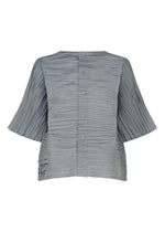 The SHIBARI SHIRT by HaaT is a light gray, pleated short-sleeved top made from recycled polyester, featuring a round neckline with a subtle Shibari finish and a button-down back, shown on a white background.