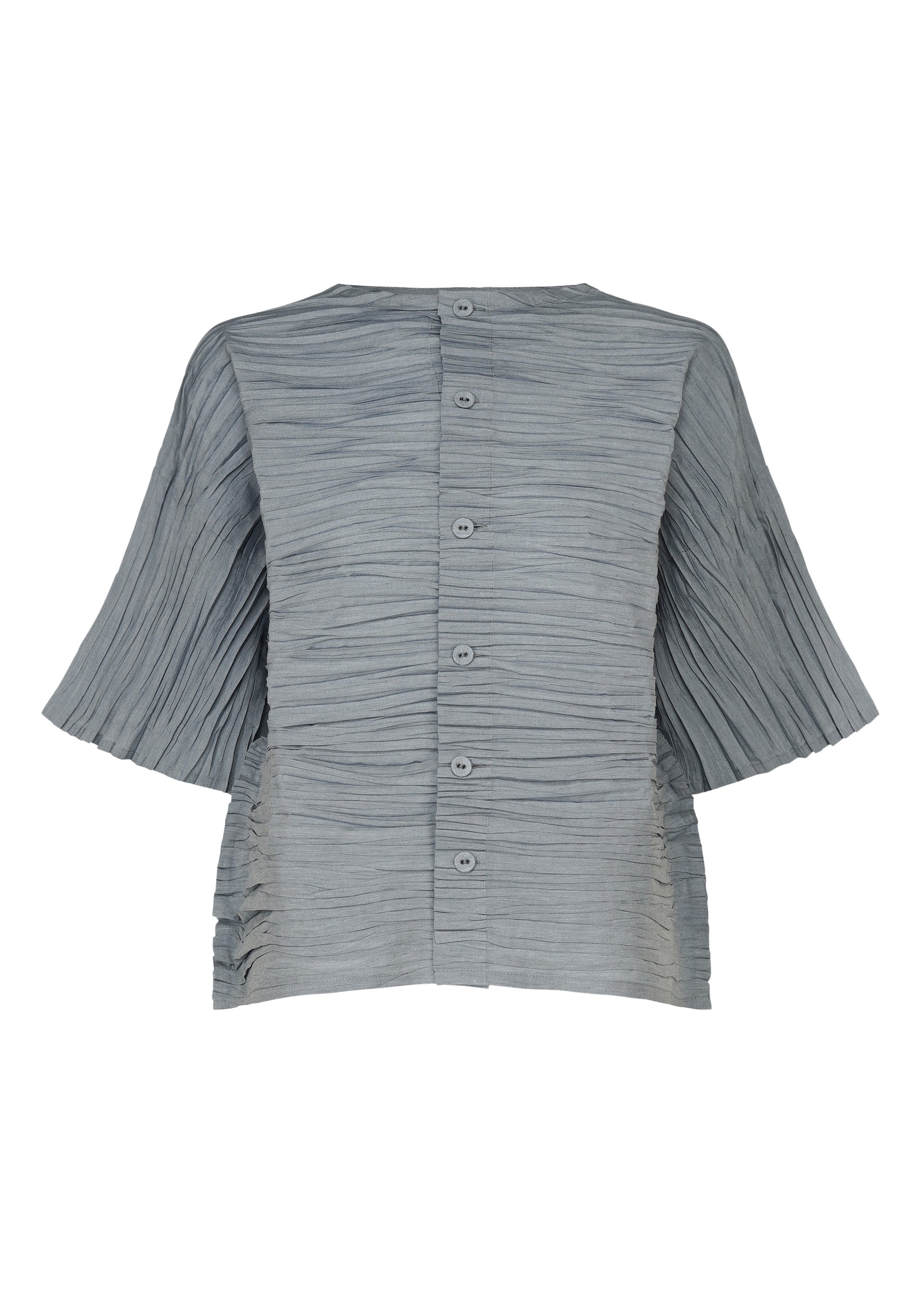Zoomed view The SHIBARI SHIRT by HaaT is a light gray, pleated short-sleeved top made from recycled polyester, featuring a round neckline with a subtle Shibari finish and a button-down back, shown on a white background.