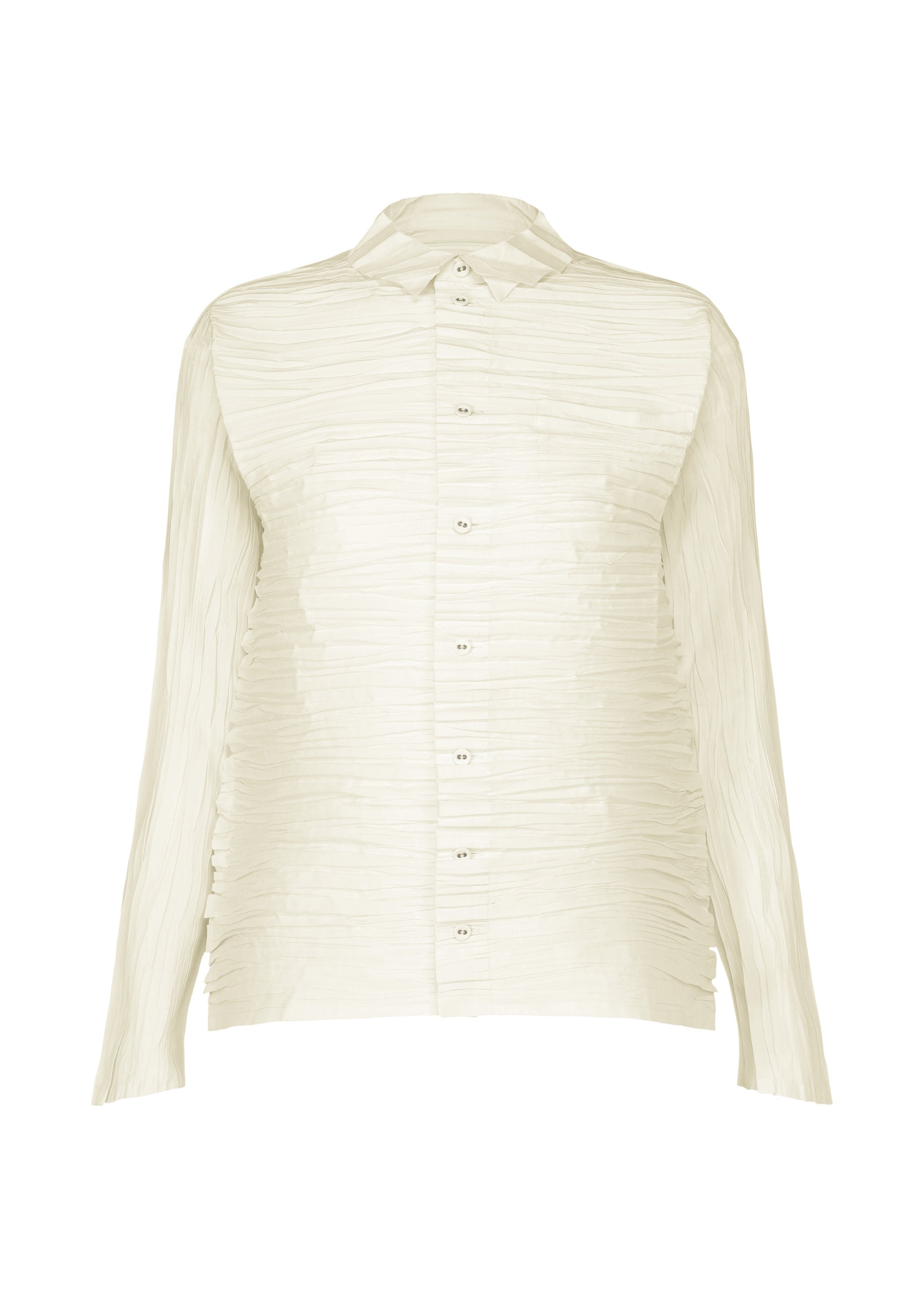 Zoomed view The SHIBARI SHIRT by HaaT is a long-sleeved, button-up shirt featuring a classic collar and crafted from recycled polyester in a light cream hue, with a distinctive textured pleated fabric design for an eco-friendly touch. - WHITE （no.01）