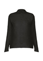 The SHIBARI SHIRT by HaaT is a long-sleeve black button-up shirt made from recycled polyester, featuring a distinctive Shibari finish and a textured, pleated design on both the body and sleeves. It is shown against a plain white background. - BLACK （no.15）