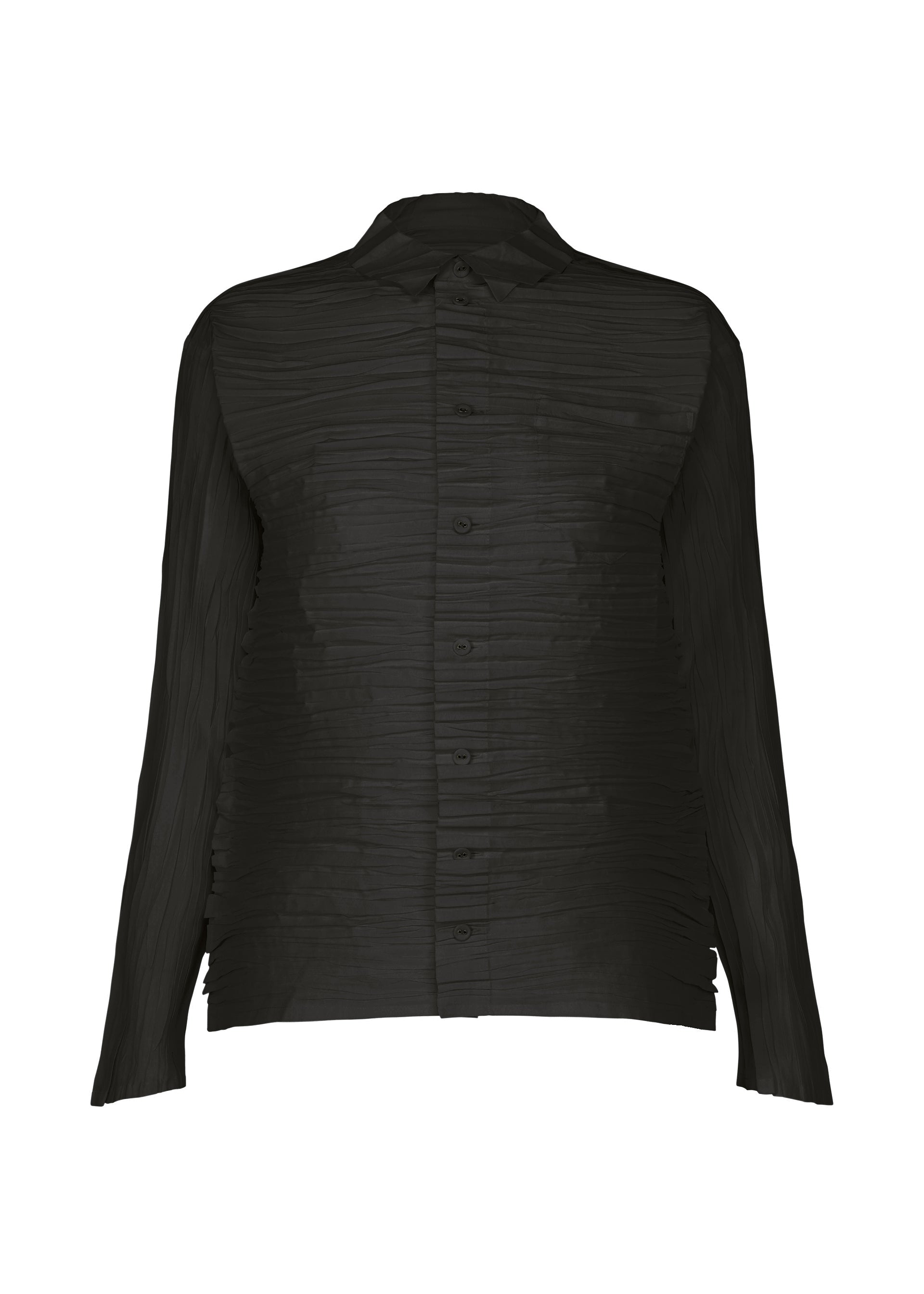 Zoomed view The SHIBARI SHIRT by HaaT is a long-sleeve black button-up shirt made from recycled polyester, featuring a distinctive Shibari finish and a textured, pleated design on both the body and sleeves. It is shown against a plain white background. - BLACK （no.15）