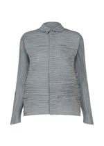 The SHIBARI SHIRT by HaaT is a light gray, long-sleeved shirt featuring a chest pocket and a wrinkled, pleated texture with a subtle Shibari finish, crafted from recycled polyester and shown against a plain white background. - LIGHT BLUE （no.70）