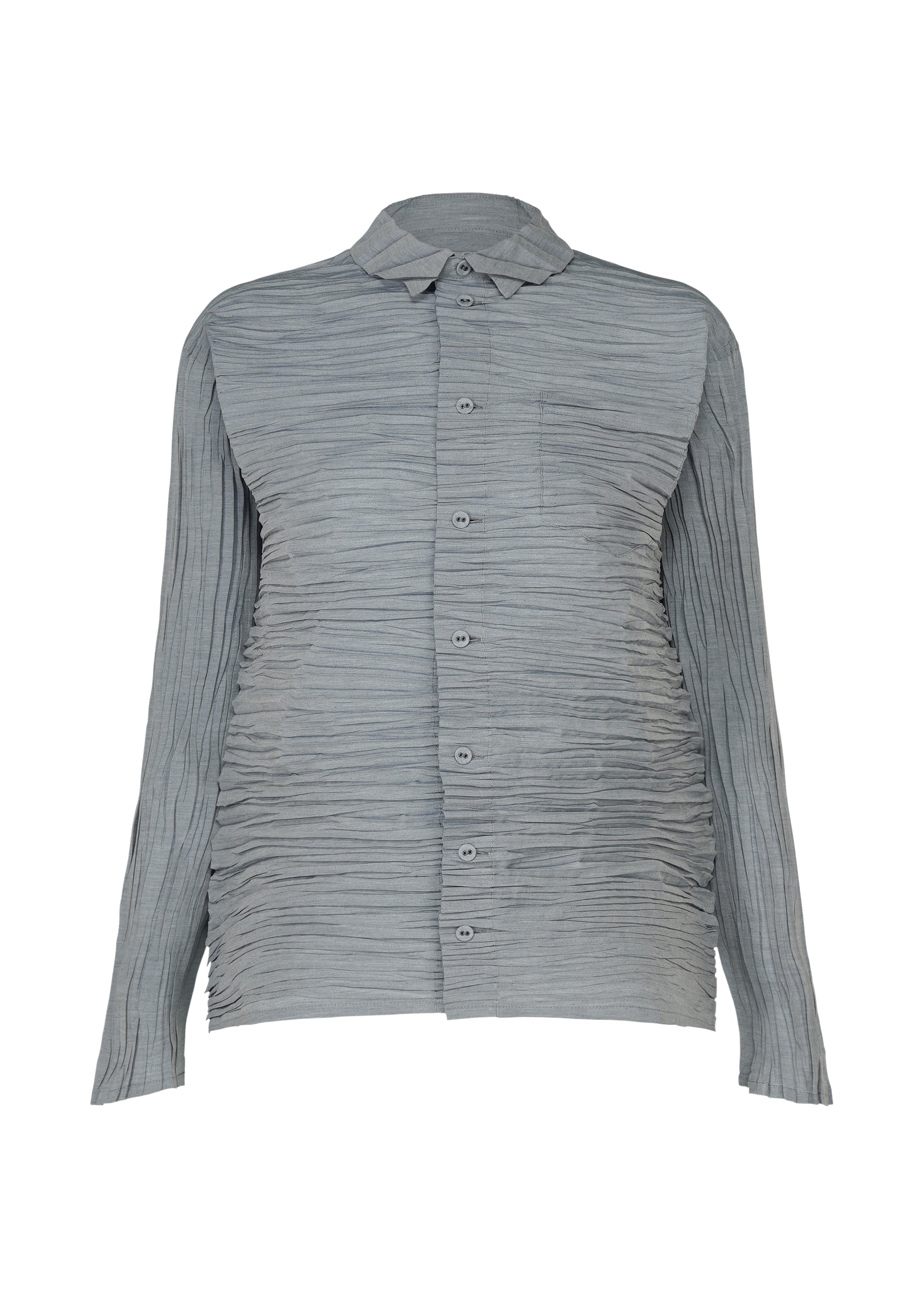 Zoomed view The SHIBARI SHIRT by HaaT is a light gray, long-sleeved shirt featuring a chest pocket and a wrinkled, pleated texture with a subtle Shibari finish, crafted from recycled polyester and shown against a plain white background. - LIGHT BLUE （no.70）