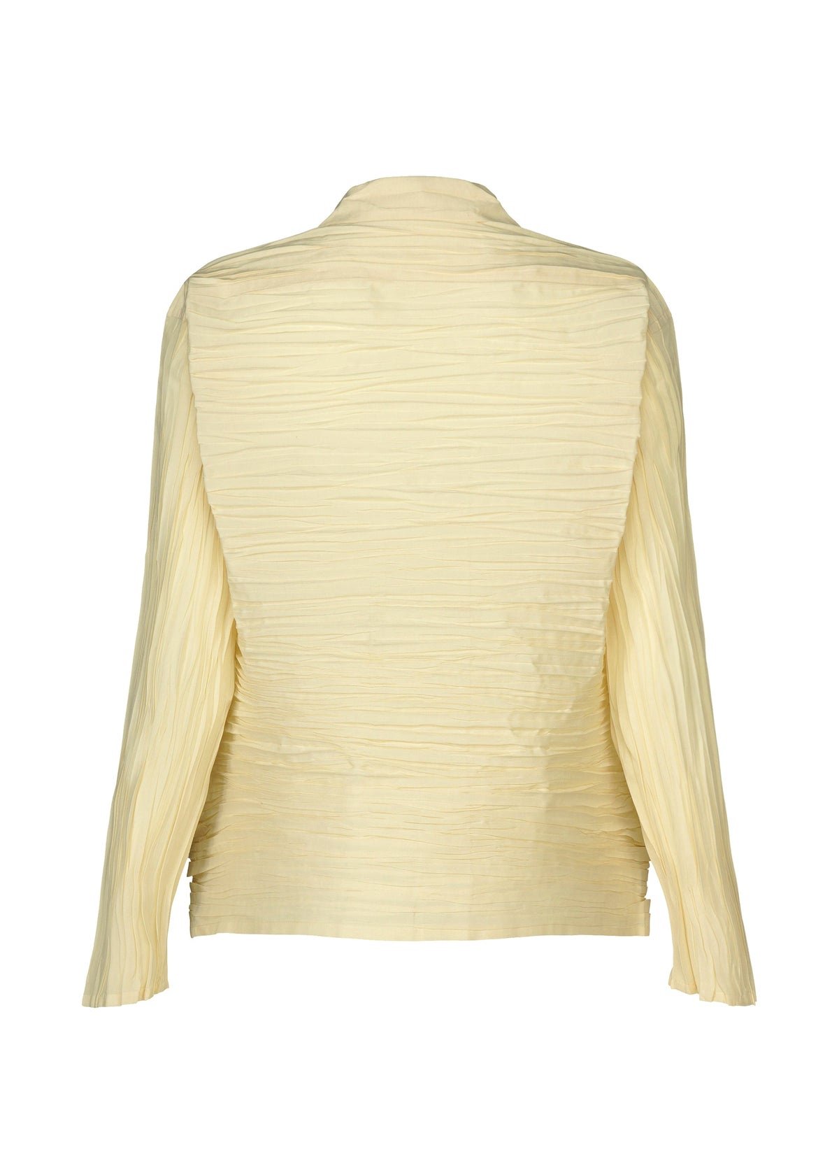 Back view of the HaaT SHIBARI SHIRT in light yellow, a long-sleeve, textured jacket with vertical pleats and a collar, crafted from recycled polyester and displayed on a plain white background. view 4 of 9