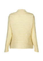 Back view of the HaaT SHIBARI SHIRT in light yellow, a long-sleeve, textured jacket with vertical pleats and a collar, crafted from recycled polyester and displayed on a plain white background.