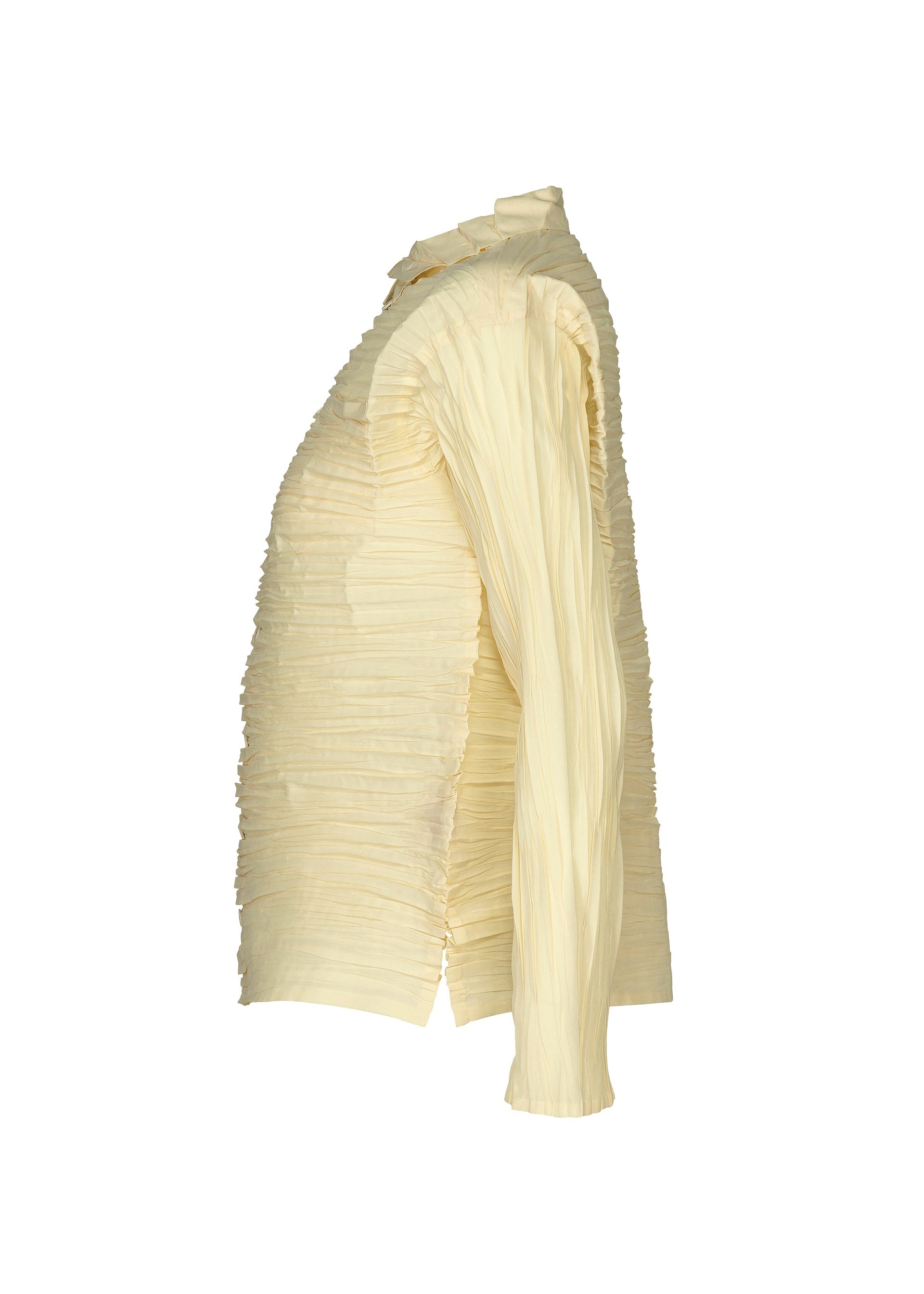 Zoomed view The SHIBARI SHIRT by HaaT is a cream-colored, long-sleeved blouse shown from the side, featuring a textured, ruched design with a high collar and elegant pleats. Crafted from recycled polyester for sustainability, it boasts a sophisticated silhouette enhanced by a subtle Shibari finish.