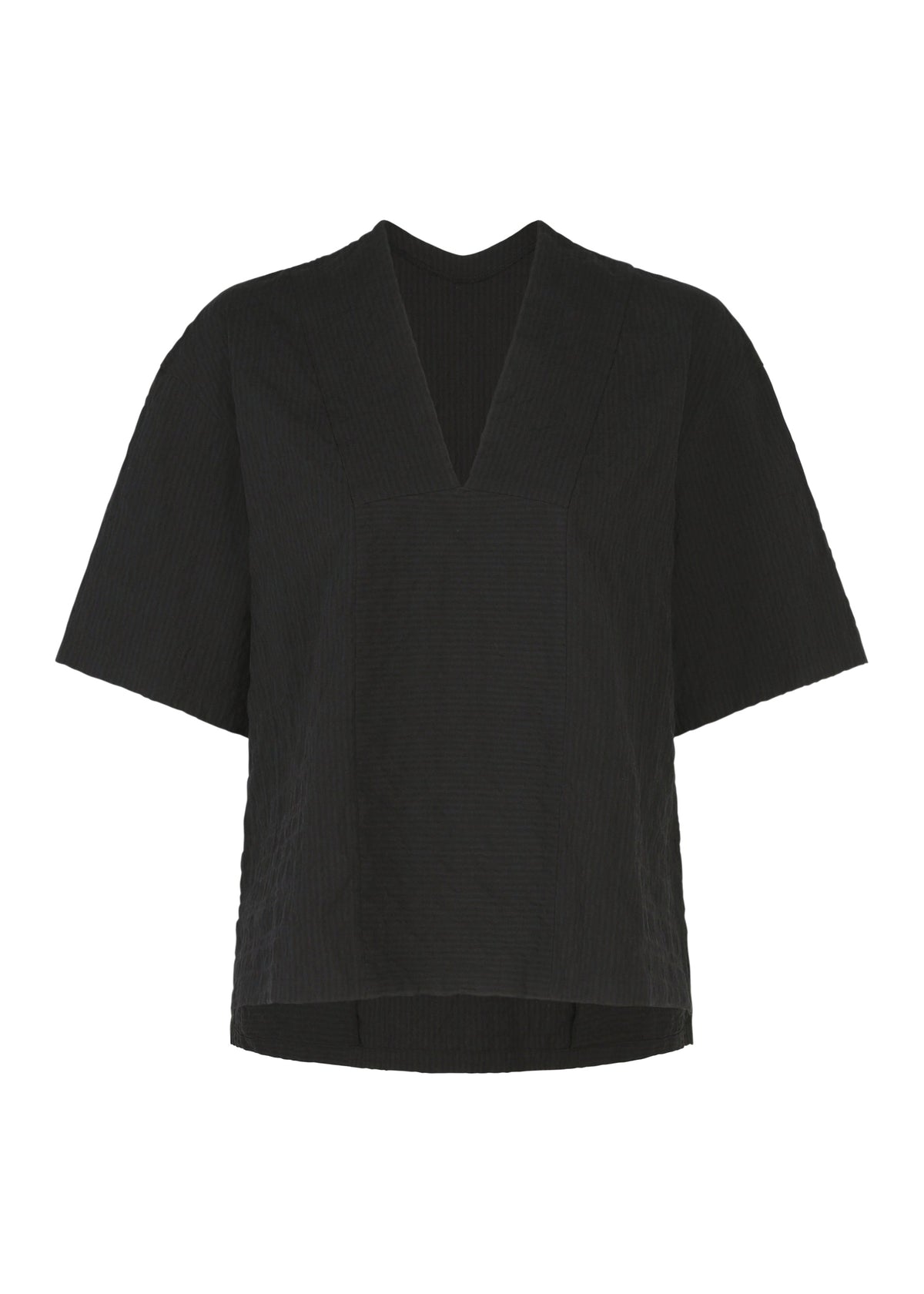 The HaaT RIPPLE STRIPE is a short-sleeved black V-neck top featuring a slightly loose fit and a subtle wave striped pattern, displayed on a plain white background. view 2 of 7