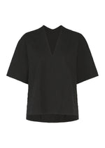 The HaaT RIPPLE STRIPE is a short-sleeved black V-neck top featuring a slightly loose fit and a subtle wave striped pattern, displayed on a plain white background. - BLACK （no.15）