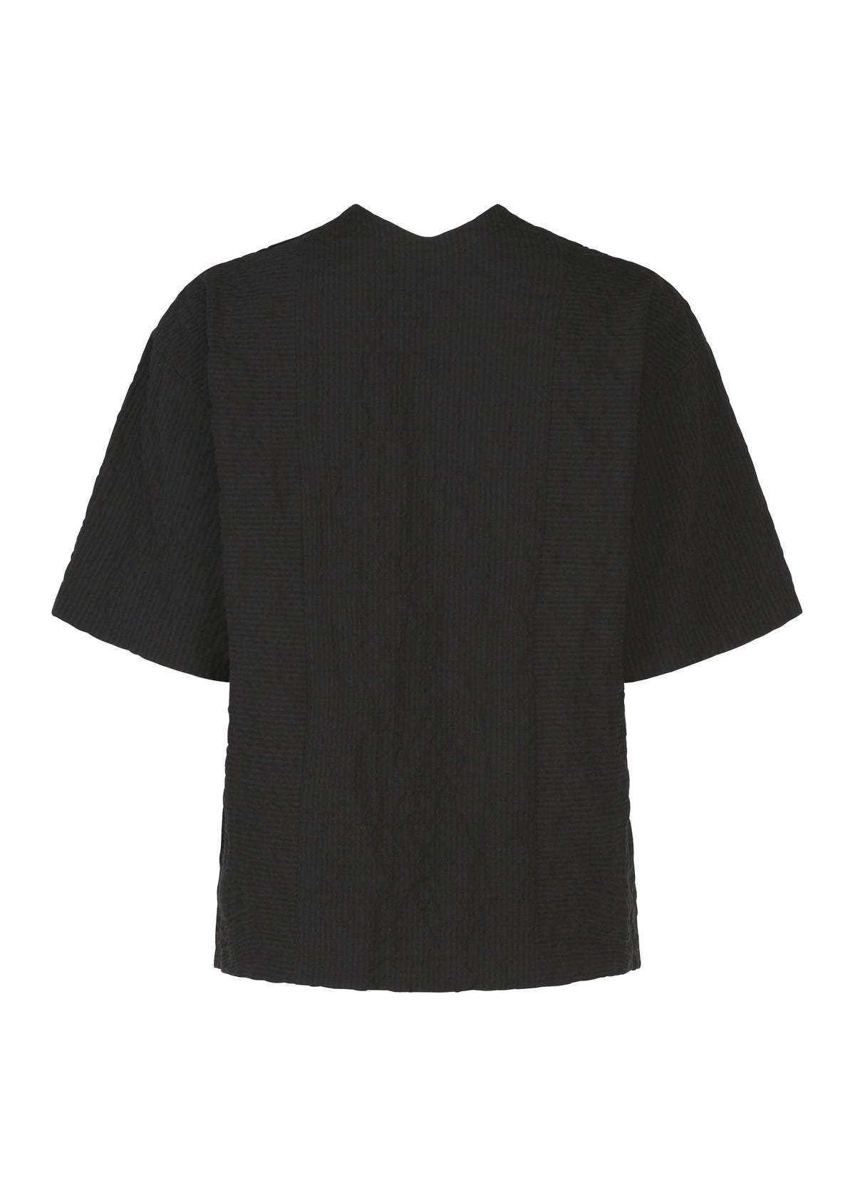 The RIPPLE STRIPE top by HaaT is a black short-sleeve seersucker shirt featuring a subtle wave striped pattern. Shown from the back, it has a relaxed fit and a straight hem. view 3 of 7