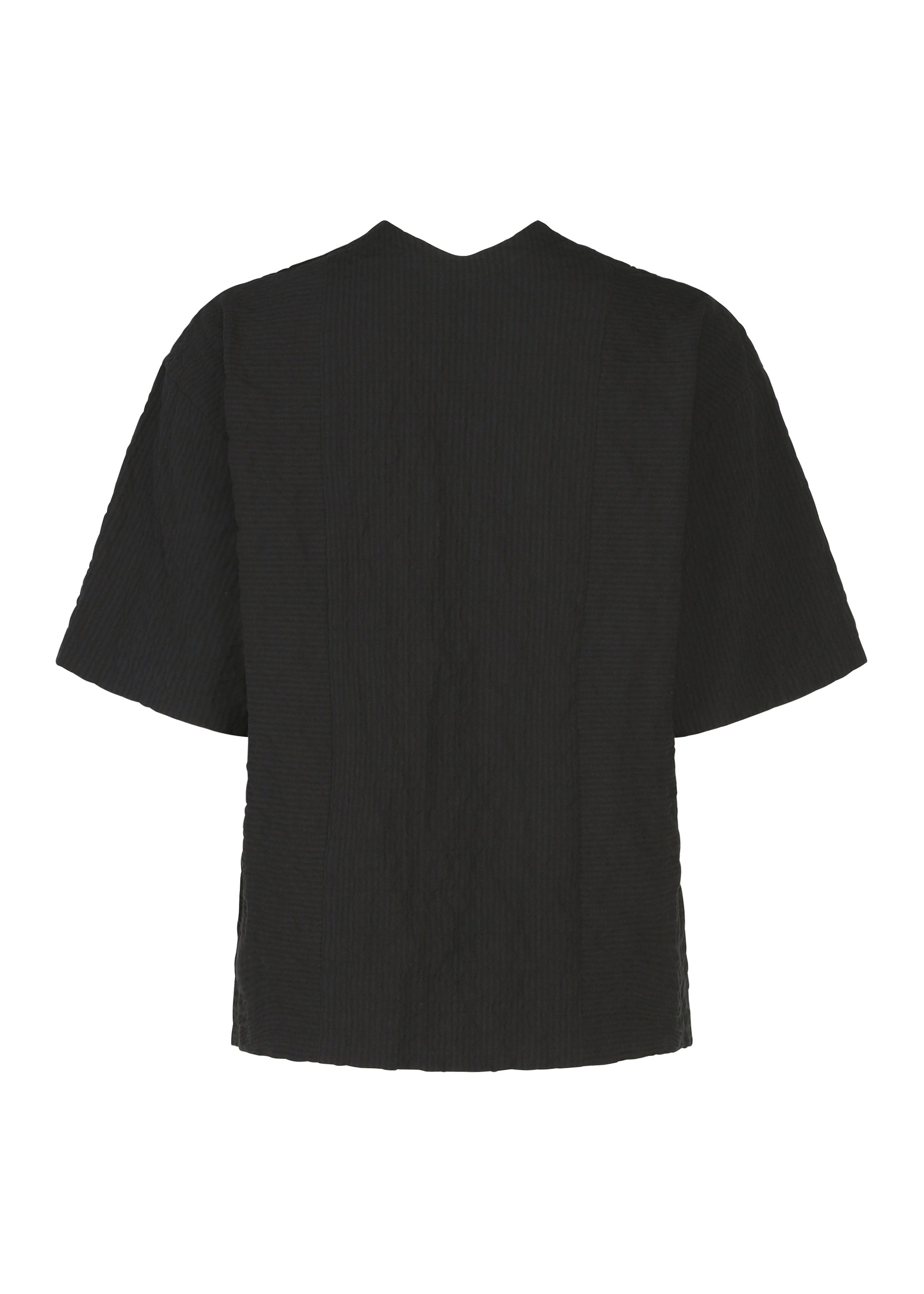 Zoomed view The RIPPLE STRIPE top by HaaT is a black short-sleeve seersucker shirt featuring a subtle wave striped pattern. Shown from the back, it has a relaxed fit and a straight hem.