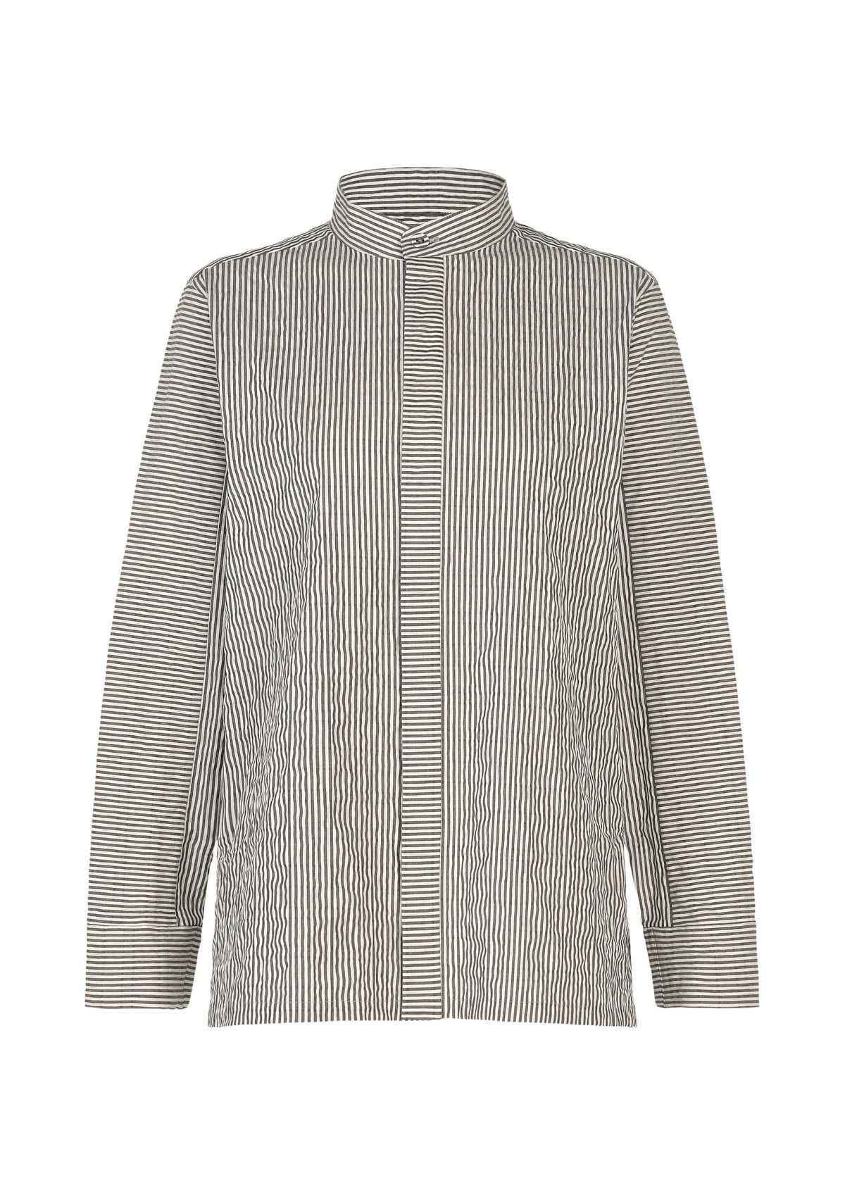 The RIPPLE STRIPE by HaaT is a long-sleeved seersucker shirt with a stand collar, thin vertical black and white stripes, and a concealed placket, shown against a white background. view 1 of 11
