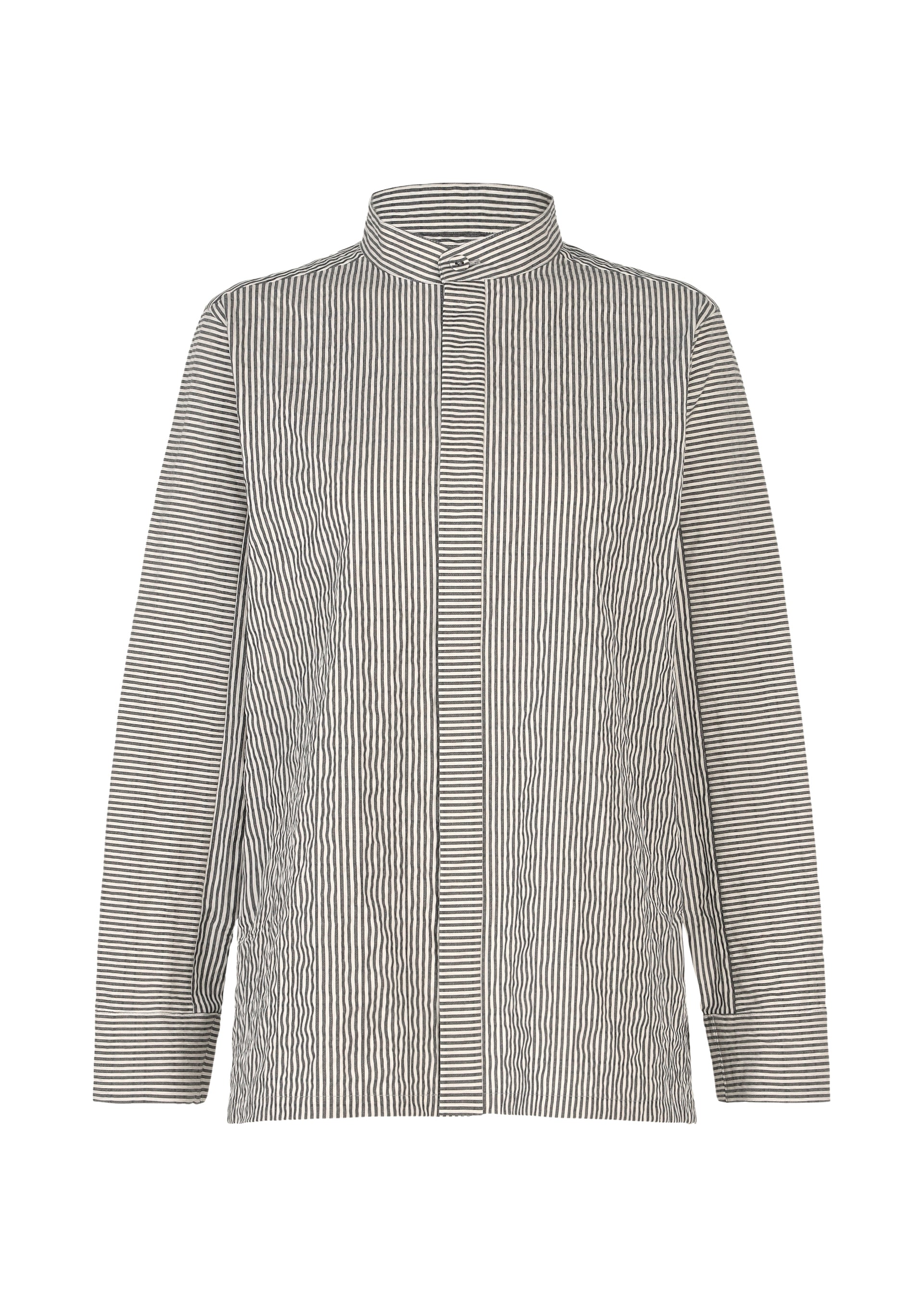Zoomed view The RIPPLE STRIPE by HaaT is a long-sleeved seersucker shirt with a stand collar, thin vertical black and white stripes, and a concealed placket, shown against a white background. - WHITE （no.01）