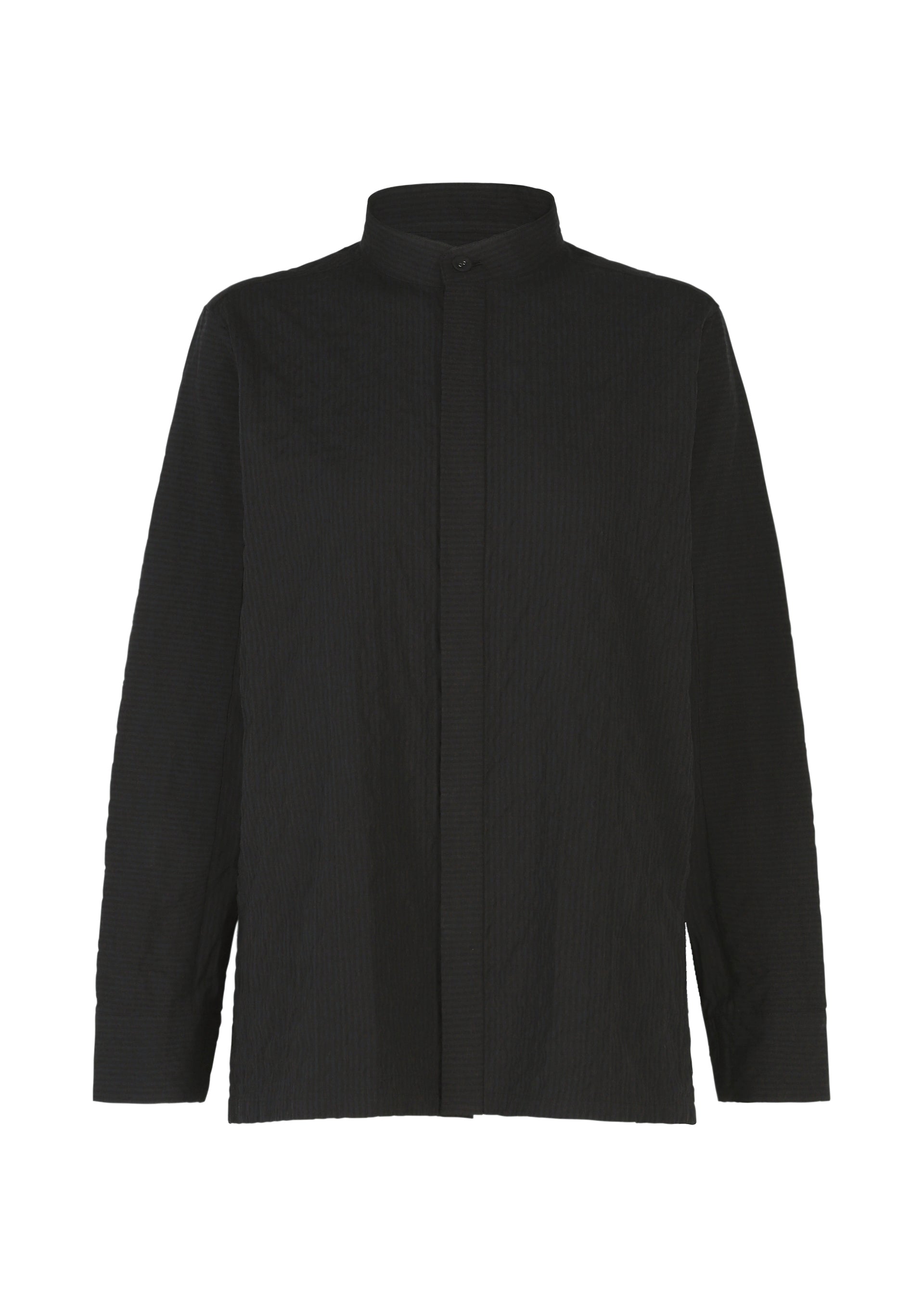 Zoomed view A long-sleeved, black “RIPPLE STRIPE” seersucker shirt by HaaT with a stand collar, displayed on a plain white background. - BLACK （no.15）
