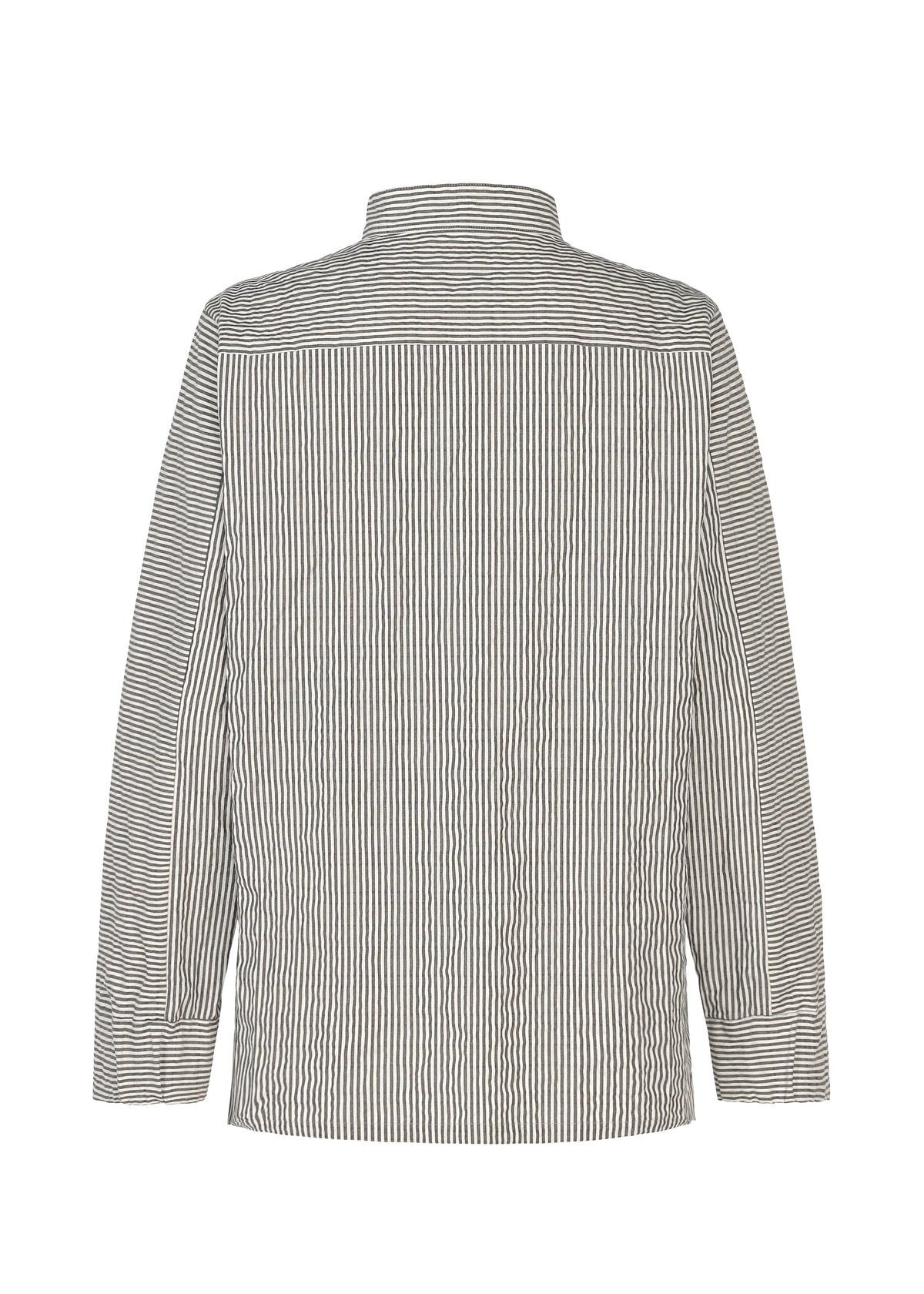 The RIPPLE STRIPE shirt by HaaT is a unisex, long-sleeved button-up made from seersucker fabric with vertical black and white stripes. Shown from the back, it features a collar and a yoke across the shoulders. view 3 of 11