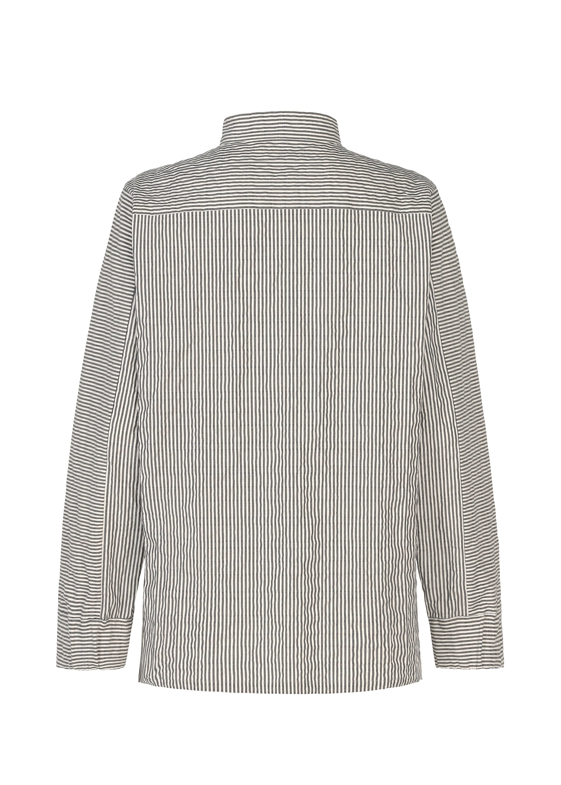 Zoomed view The RIPPLE STRIPE shirt by HaaT is a unisex, long-sleeved button-up made from seersucker fabric with vertical black and white stripes. Shown from the back, it features a collar and a yoke across the shoulders.