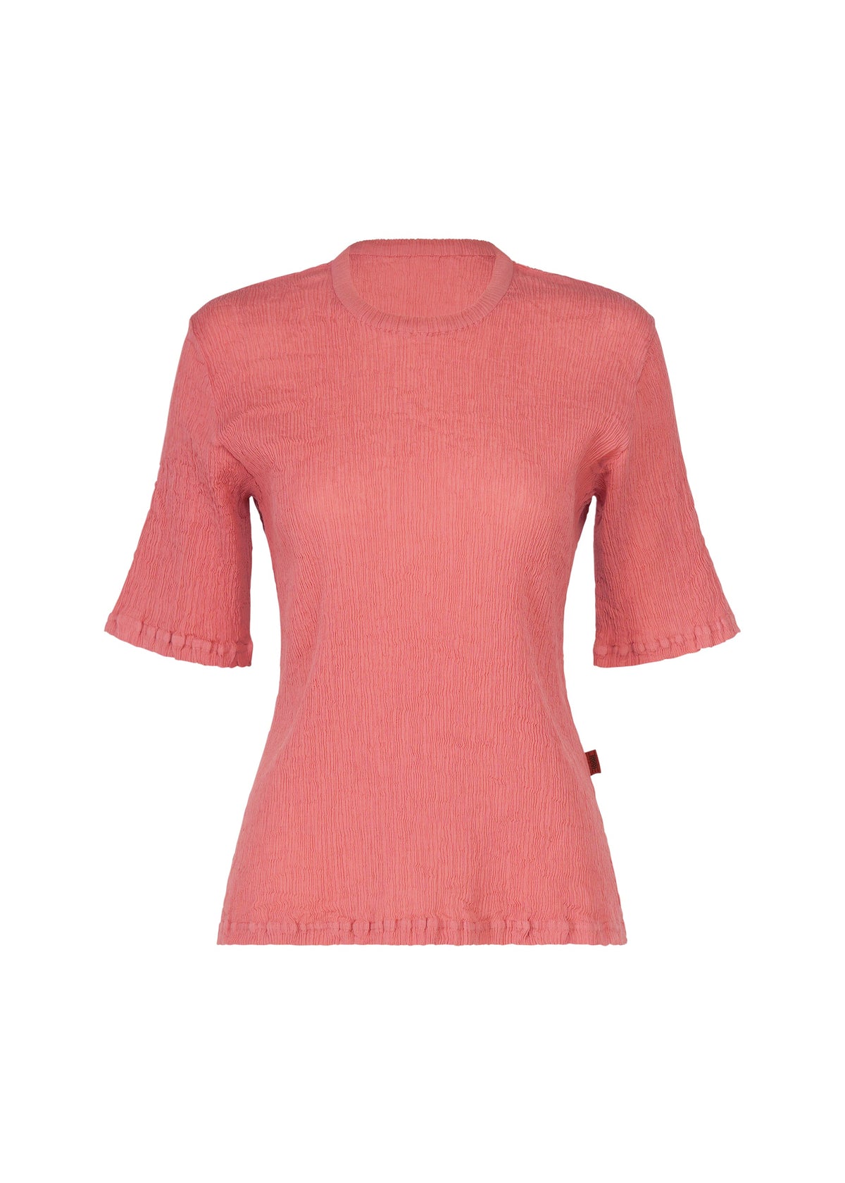The KYO CHIJIMI AUGUST by HaaT is a pink, short-sleeve fitted women’s top made from ultra-fine cotton, with subtle ruffle detailing on the sleeve cuffs and hem, displayed against a plain white background. view 1 of 7