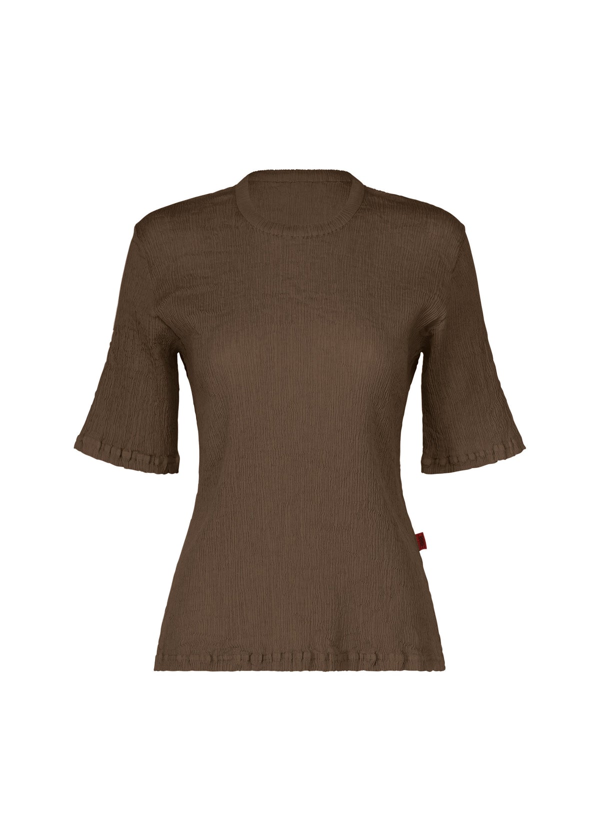 The HaaT KYO CHIJIMI AUGUST is a brown women’s short-sleeved top crafted from ultra-fine cotton with a unique, crinkled texture inspired by traditional KYO CHIJIMI fabric, featuring subtle ruffle details along the sleeves and hem, displayed against a white background. view 2 of 7