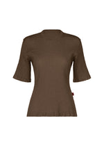 The HaaT KYO CHIJIMI AUGUST is a brown women’s short-sleeved top crafted from ultra-fine cotton with a unique, crinkled texture inspired by traditional KYO CHIJIMI fabric, featuring subtle ruffle details along the sleeves and hem, displayed against a white background. - DARK BROWN （no.45）